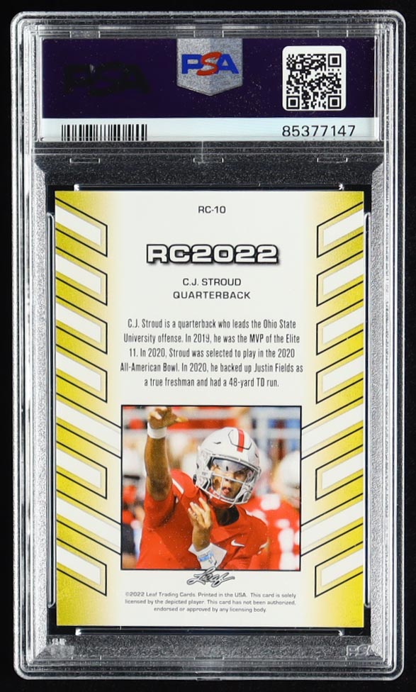 CJ Stroud 2022 Leaf Special Release Rookie Year #RC10 RC (PSA 10) at PristineAuction.com CJ Stroud 2022 Leaf Special Release Rookie Year #RC10 RC (PSA 10) at PristineAuction.com