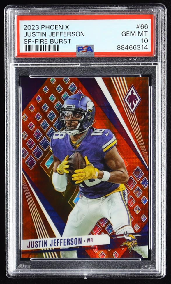 Justin Jefferson 2023 Panini Phoenix SP Fire Burst #66 #/340 (PSA 10) at PristineAuction.com Justin Jefferson 2023 Panini Phoenix SP Fire Burst #66 #/340 (PSA 10) at PristineAuction.com