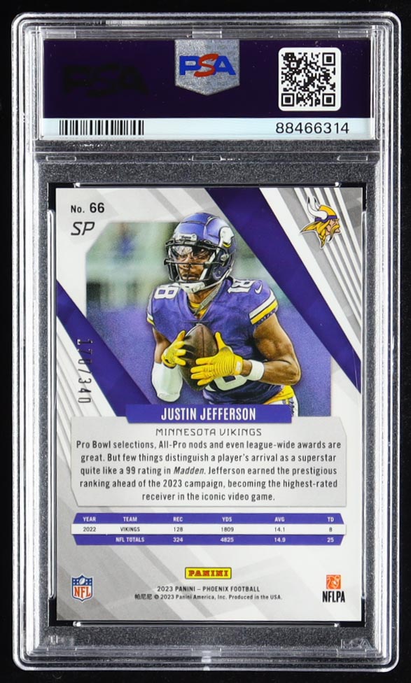 Justin Jefferson 2023 Panini Phoenix SP Fire Burst #66 #/340 (PSA 10) at PristineAuction.com Justin Jefferson 2023 Panini Phoenix SP Fire Burst #66 #/340 (PSA 10) at PristineAuction.com