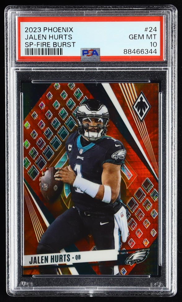 Jalen Hurts 2023 Panini Phoenix SP Fire Burst #24 #/340 (PSA 10) at PristineAuction.com Jalen Hurts 2023 Panini Phoenix SP Fire Burst #24 #/340 (PSA 10) at PristineAuction.com