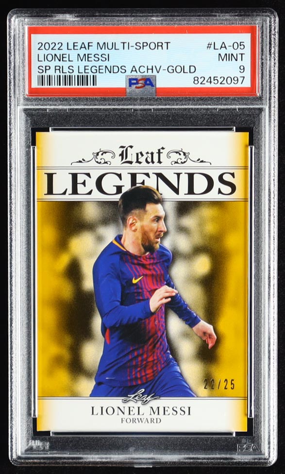 Lionel Messi 2022 Leaf Special Release Legends Achievement Gold #LA05 #22/25 (PSA 9) at PristineAuction.com Lionel Messi 2022 Leaf Special Release Legends Achievement Gold #LA05 #22/25 (PSA 9) at PristineAuction.com
