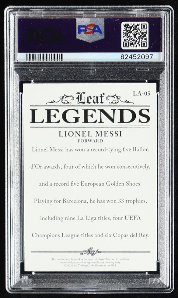 Lionel Messi 2022 Leaf Special Release Legends Achievement Gold #LA05 #22/25 (PSA 9) at PristineAuction.com Lionel Messi 2022 Leaf Special Release Legends Achievement Gold #LA05 #22/25 (PSA 9) at PristineAuction.com
