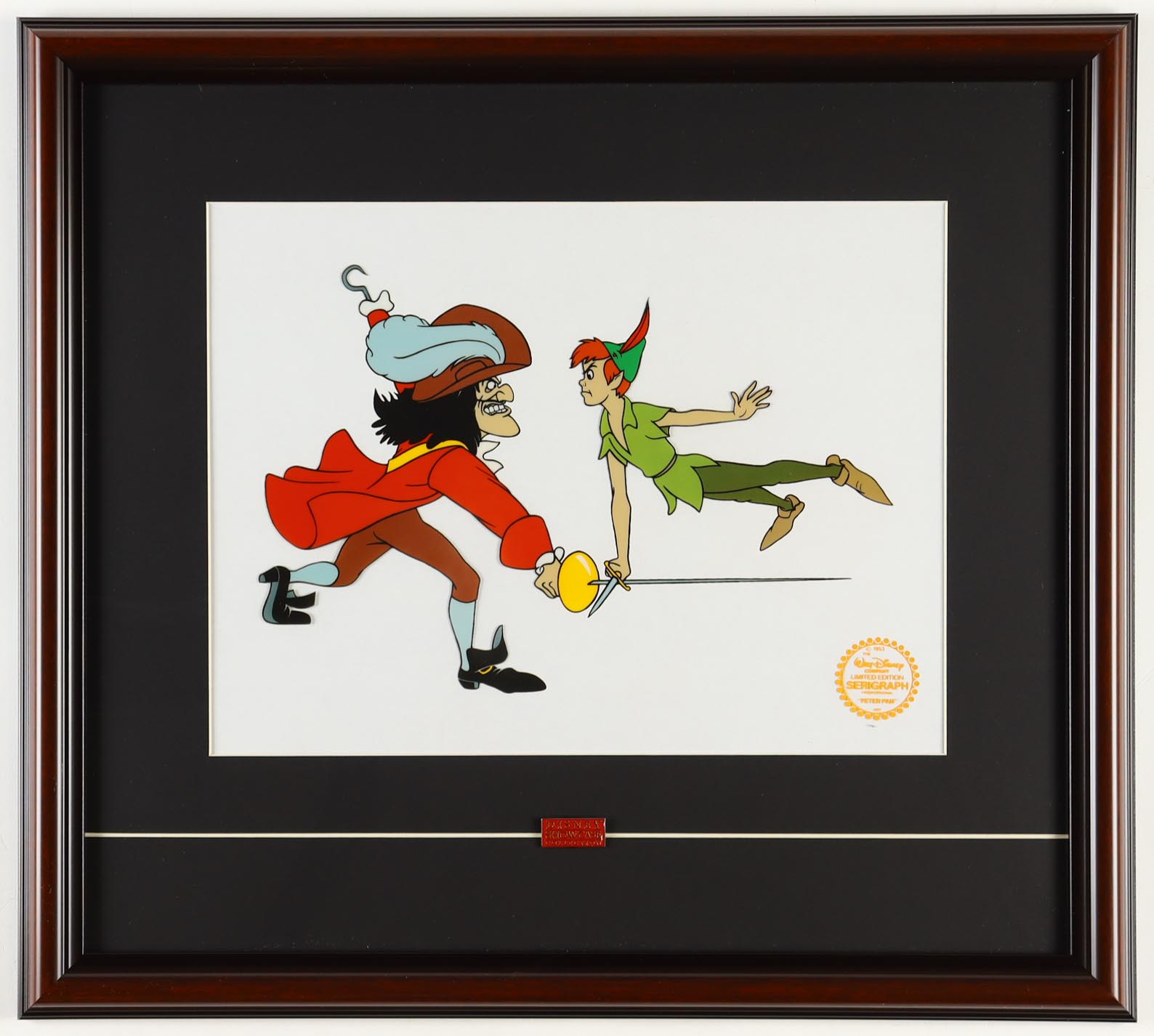 Walt Disney "Peter Pan & Captain Hook" LE Custom Framed Two-Piece Animation Serigraph Cel With Disney Showcase Collection Pin at PristineAuction.com Walt Disney "Peter Pan & Captain Hook" LE Custom Framed Two-Piece Animation Serigraph Cel With Disney Showcase Collection Pin at PristineAuction.com