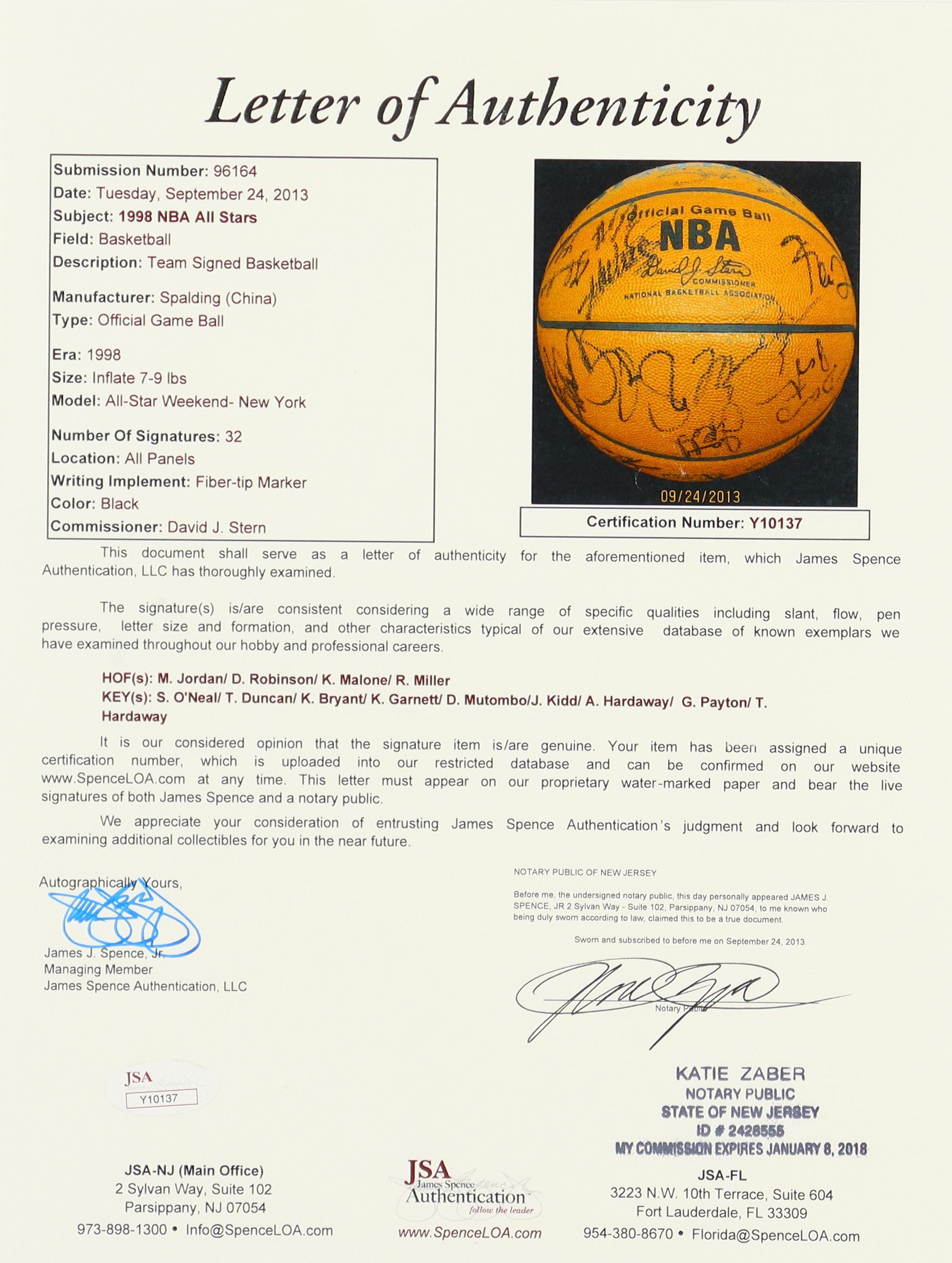 Michael Jordan, Kobe Bryant, Reggie Miller, Shaquille O'Neal, David Robinson, Tim Duncan | 1998 All-Star Game Official NBA Game Ball Signed By (32) (JSA) at PristineAuction.com Michael Jordan, Kobe Bryant, Reggie Miller, Shaquille O'Neal, David Robinson, Tim Duncan | 1998 All-Star Game Official NBA Game Ball Signed By (32) (JSA) at PristineAuction.com