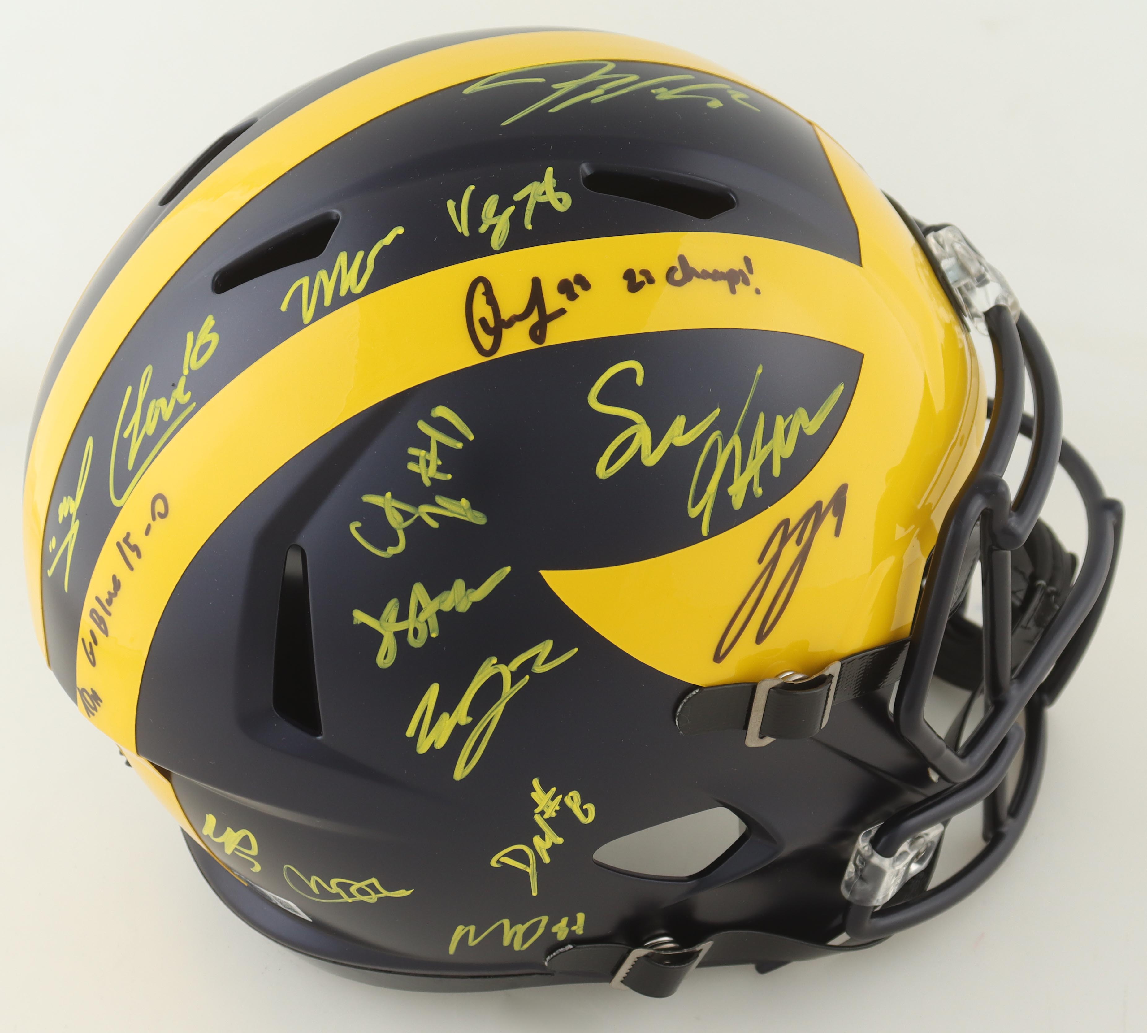 2023 Michigan Wolverines Full-Size Speed Helmet Team-Signed by (17) with J.J. McCarthy, Blake Corum, Roman Wilson, Colston Loveland Inscribed "Go Blue 15-0" & "23 Champs!" (Beckett) at PristineAuction.com 2023 Michigan Wolverines Full-Size Speed Helmet Team-Signed by (17) with J.J. McCarthy, Blake Corum, Roman Wilson, Colston Loveland Inscribed "Go Blue 15-0" & "23 Champs!" (Beckett) at PristineAuction.com