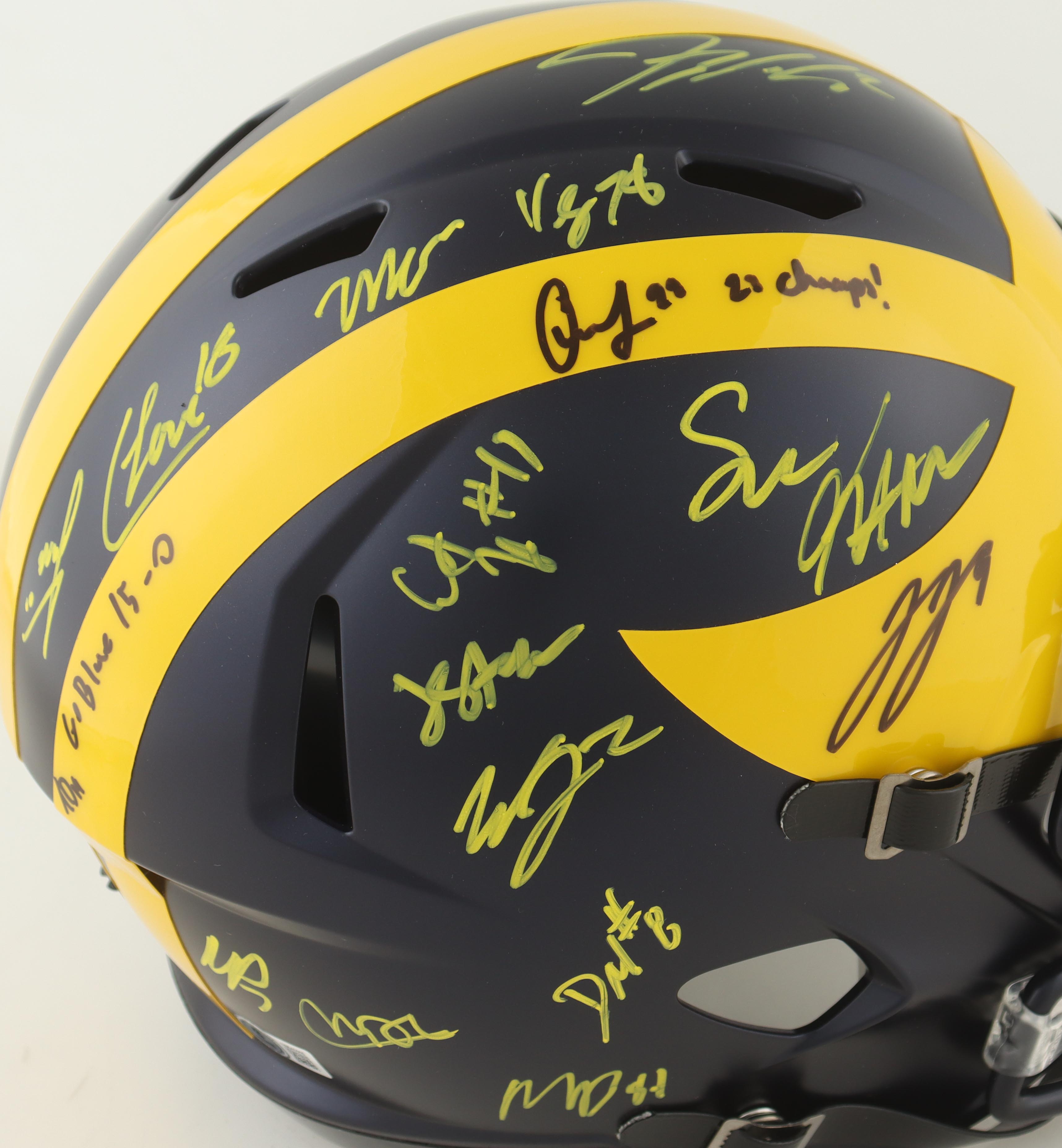 2023 Michigan Wolverines Full-Size Speed Helmet Team-Signed by (17) with J.J. McCarthy, Blake Corum, Roman Wilson, Colston Loveland Inscribed "Go Blue 15-0" & "23 Champs!" (Beckett) at PristineAuction.com 2023 Michigan Wolverines Full-Size Speed Helmet Team-Signed by (17) with J.J. McCarthy, Blake Corum, Roman Wilson, Colston Loveland Inscribed "Go Blue 15-0" & "23 Champs!" (Beckett) at PristineAuction.com