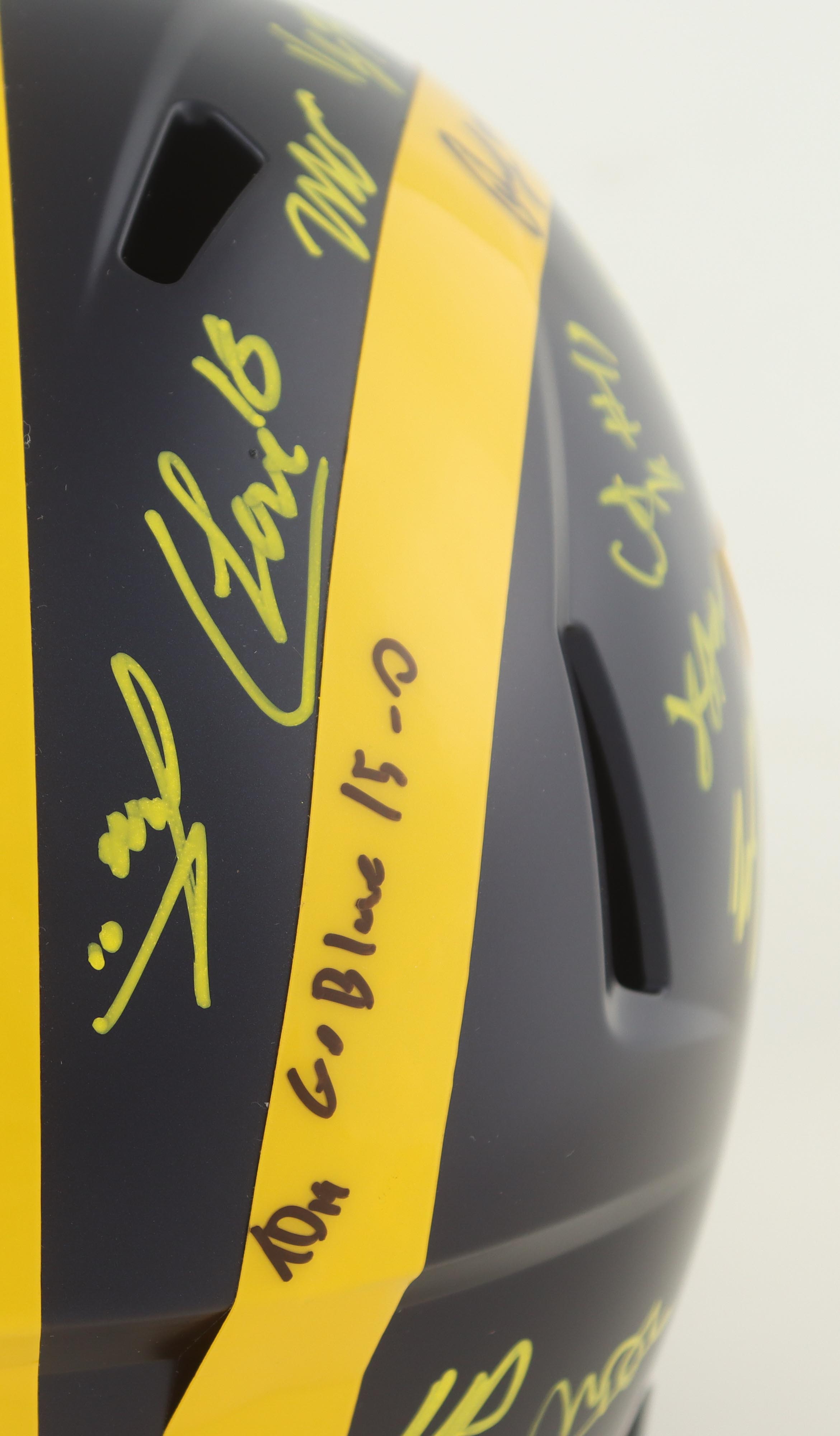 2023 Michigan Wolverines Full-Size Speed Helmet Team-Signed by (17) with J.J. McCarthy, Blake Corum, Roman Wilson, Colston Loveland Inscribed "Go Blue 15-0" & "23 Champs!" (Beckett) at PristineAuction.com 2023 Michigan Wolverines Full-Size Speed Helmet Team-Signed by (17) with J.J. McCarthy, Blake Corum, Roman Wilson, Colston Loveland Inscribed "Go Blue 15-0" & "23 Champs!" (Beckett) at PristineAuction.com
