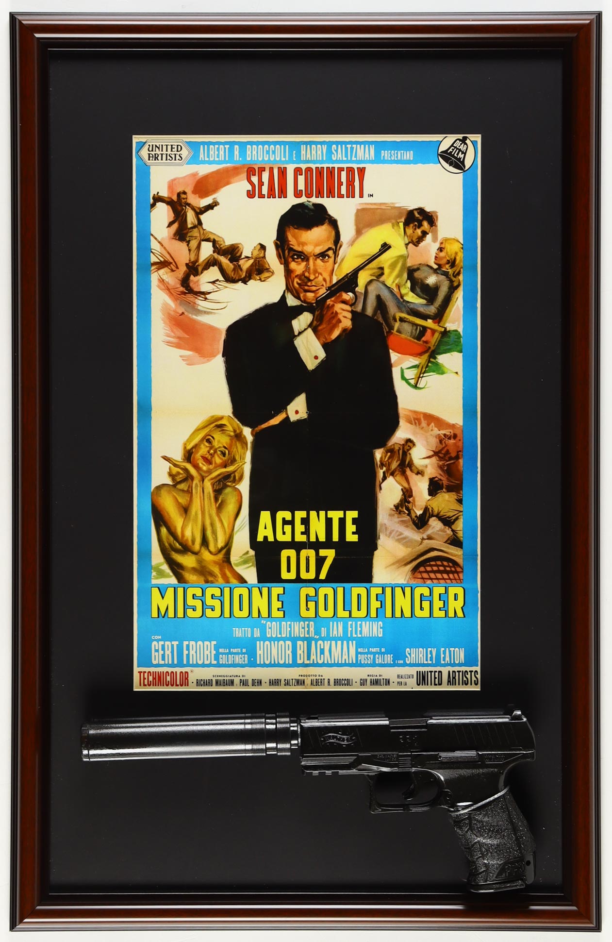 "Goldfinger - 007" Custom Framed Print Display with Replica Prop Pistol With Silencer at PristineAuction.com "Goldfinger - 007" Custom Framed Print Display with Replica Prop Pistol With Silencer at PristineAuction.com