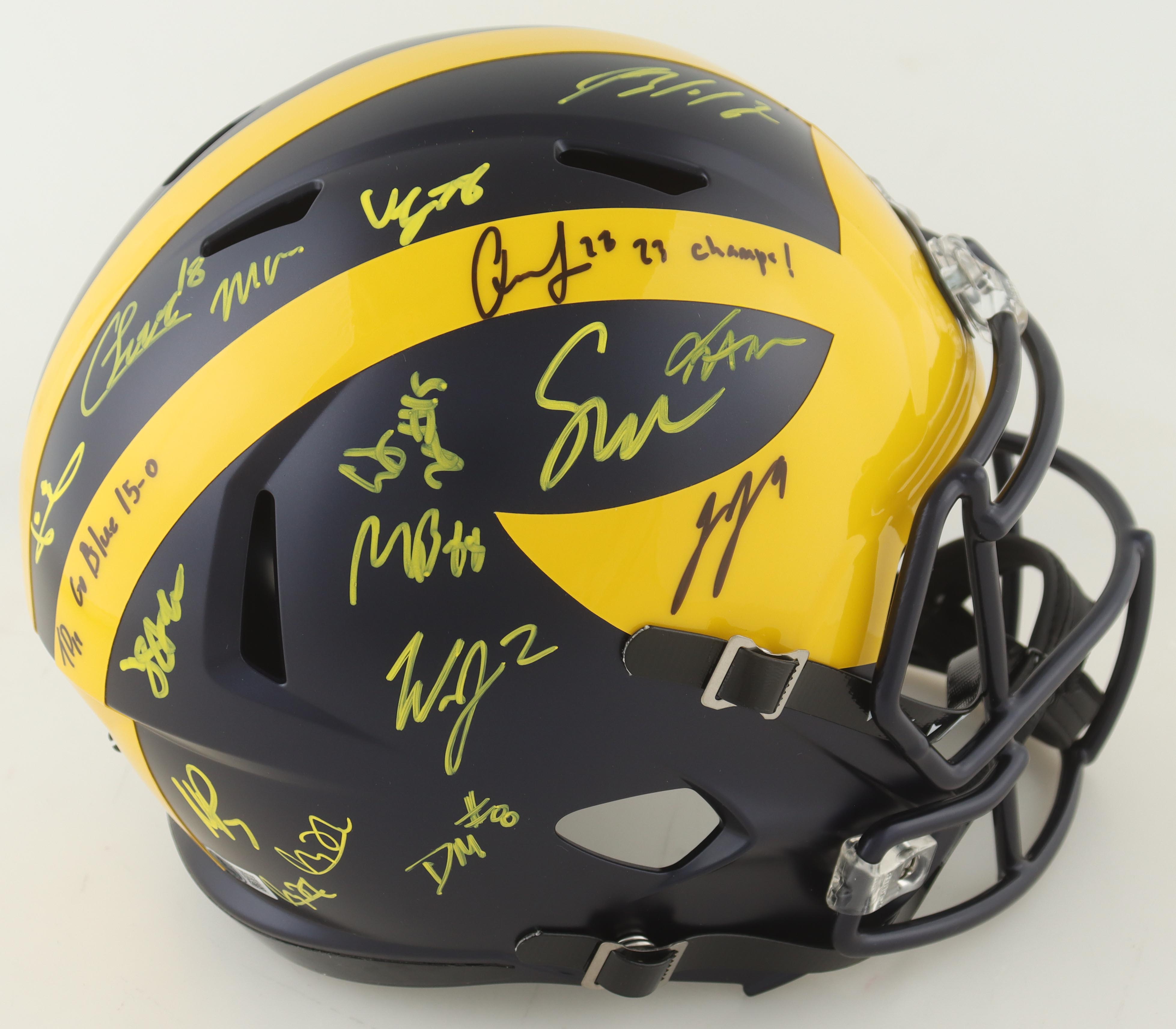 2023 Michigan Wolverines Full-Size Speed Helmet Team-Signed by (17) with J.J. McCarthy, Blake Corum, Roman Wilson, Colston Loveland Inscribed "Go Blue 15-0" (Beckett) at PristineAuction.com 2023 Michigan Wolverines Full-Size Speed Helmet Team-Signed by (17) with J.J. McCarthy, Blake Corum, Roman Wilson, Colston Loveland Inscribed "Go Blue 15-0" (Beckett) at PristineAuction.com