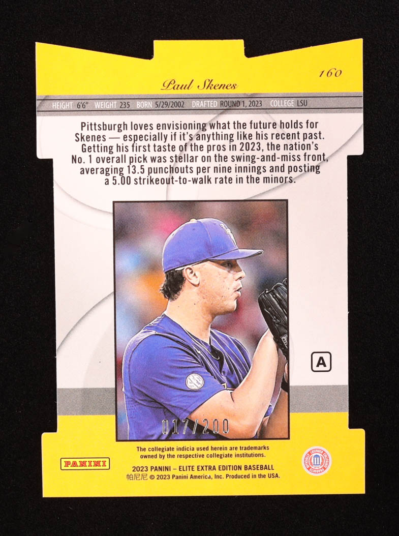 Paul Skenes 2023 Elite Extra Edition Prime Numbers A Die-Cut #160 RC #17/200 at PristineAuction.com Paul Skenes 2023 Elite Extra Edition Prime Numbers A Die-Cut #160 RC #17/200 at PristineAuction.com