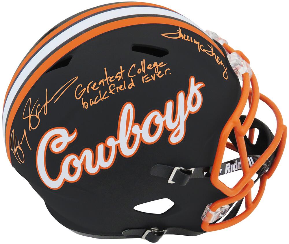 Barry Sanders & Thurman Thomas Signed Oklahoma State Cowboys Full-Size Speed Helmet Inscribed "Greatest College Back Field Ever" (Schwartz) at PristineAuction.com Barry Sanders & Thurman Thomas Signed Oklahoma State Cowboys Full-Size Speed Helmet Inscribed "Greatest College Back Field Ever" (Schwartz) at PristineAuction.com
