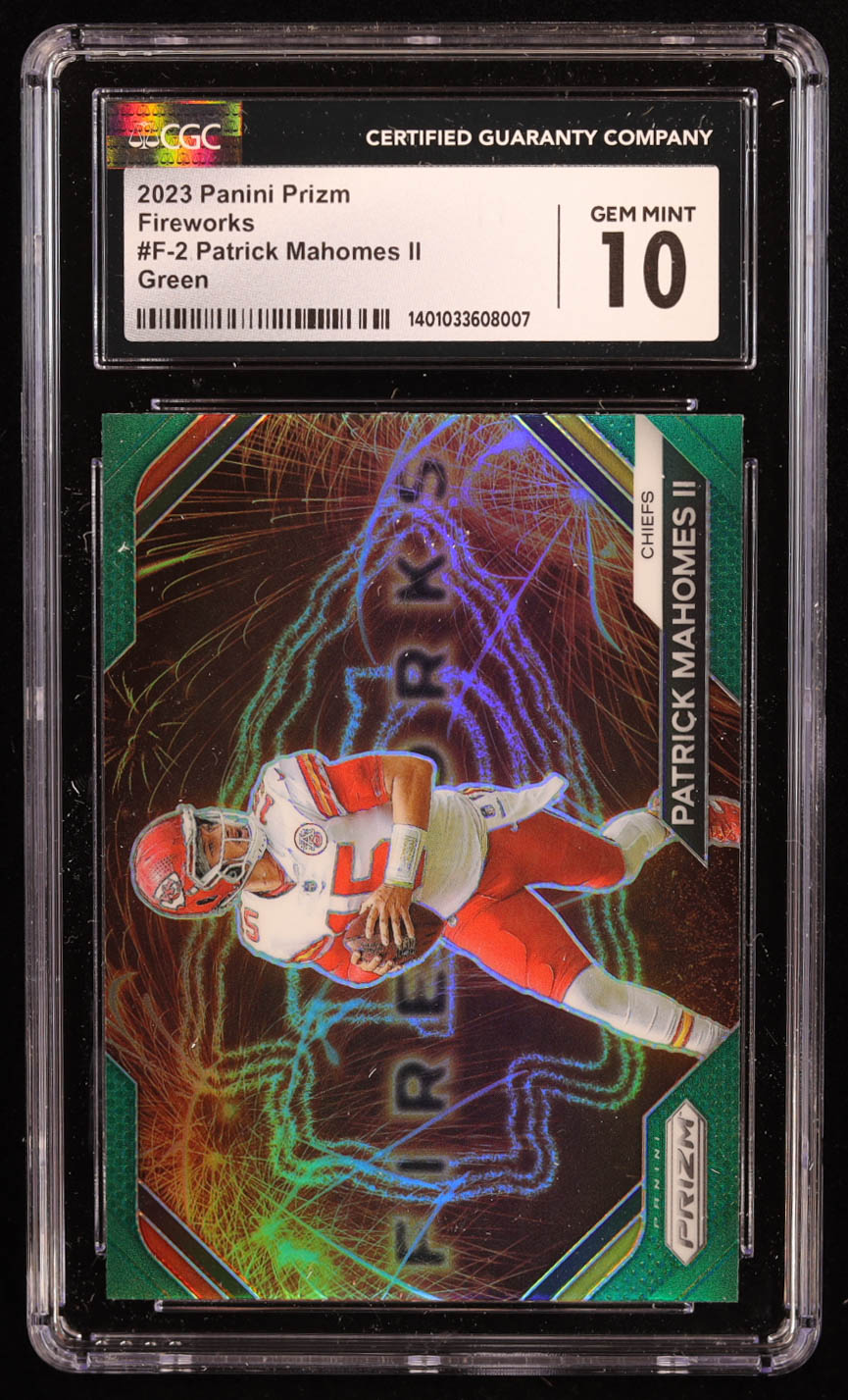 Patrick Mahomes II 2023 Panini Prizm Fireworks Prizms Green #2 (CGC 10) at PristineAuction.com Patrick Mahomes II 2023 Panini Prizm Fireworks Prizms Green #2 (CGC 10) at PristineAuction.com
