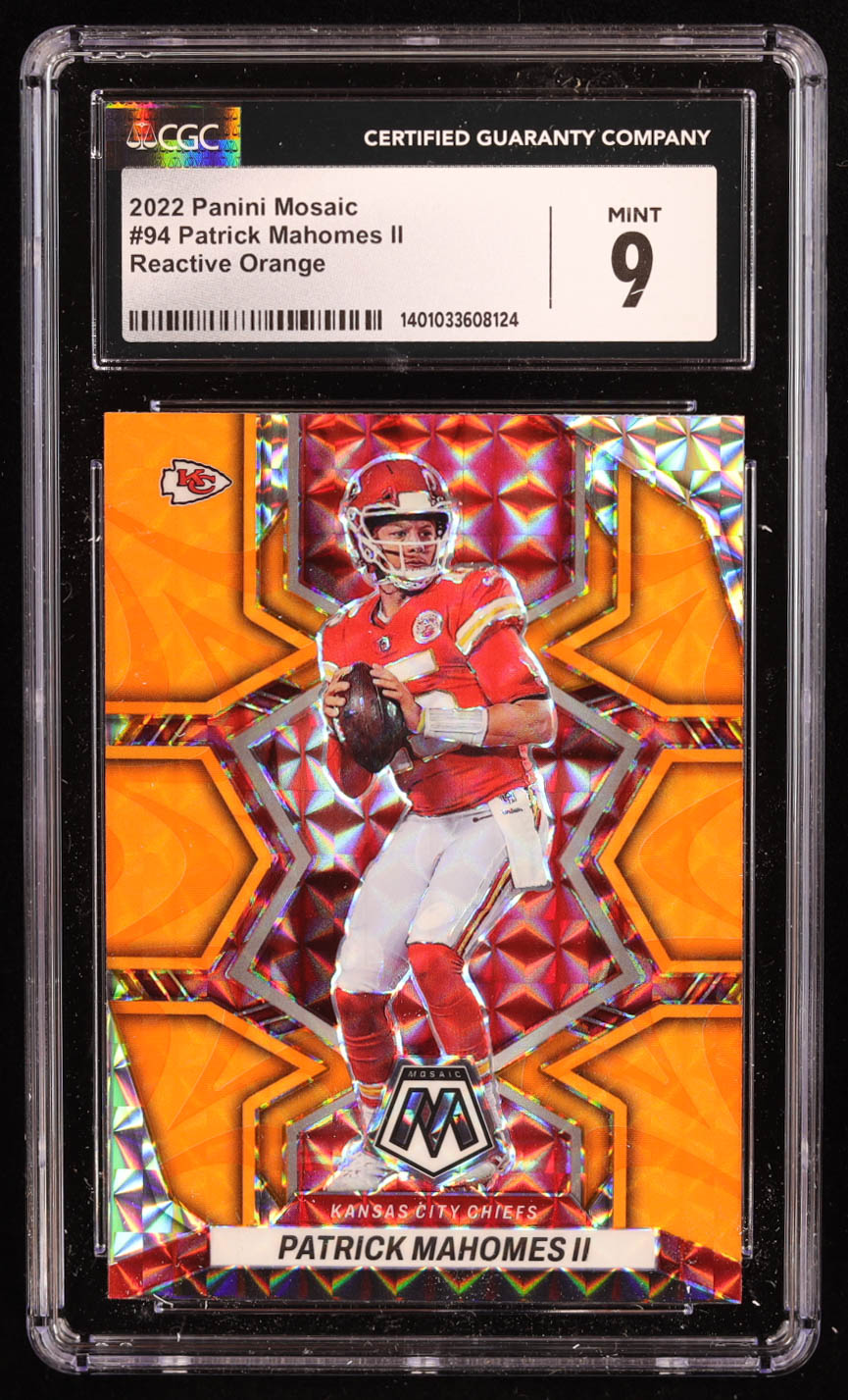 Patrick Mahomes II 2022 Panini Mosaic Mosaic Reactive Orange #94 (CGC 9) at PristineAuction.com Patrick Mahomes II 2022 Panini Mosaic Mosaic Reactive Orange #94 (CGC 9) at PristineAuction.com