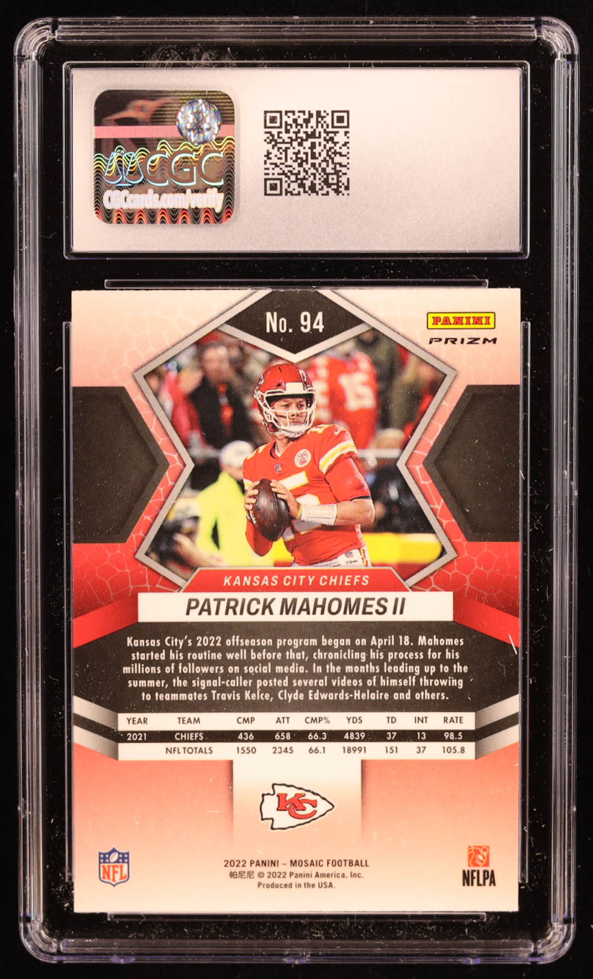 Patrick Mahomes II 2022 Panini Mosaic Mosaic Reactive Orange #94 (CGC 9) at PristineAuction.com Patrick Mahomes II 2022 Panini Mosaic Mosaic Reactive Orange #94 (CGC 9) at PristineAuction.com