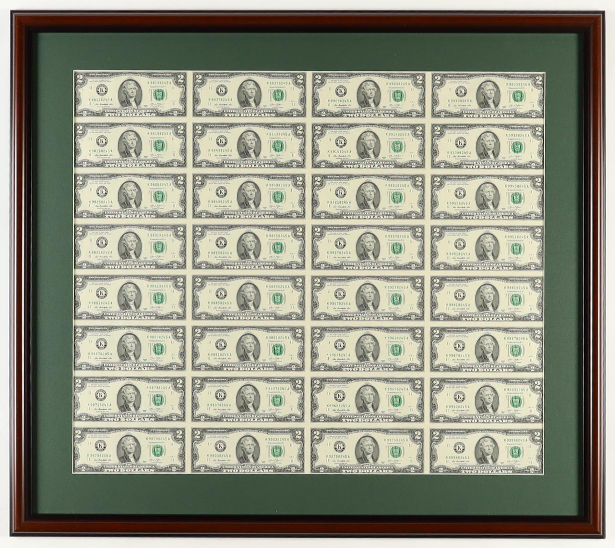 2013 U.S. $2 Dollar Bill Custom Framed Uncut Sheet Of (32) Bills at PristineAuction.com 2013 U.S. $2 Dollar Bill Custom Framed Uncut Sheet Of (32) Bills at PristineAuction.com