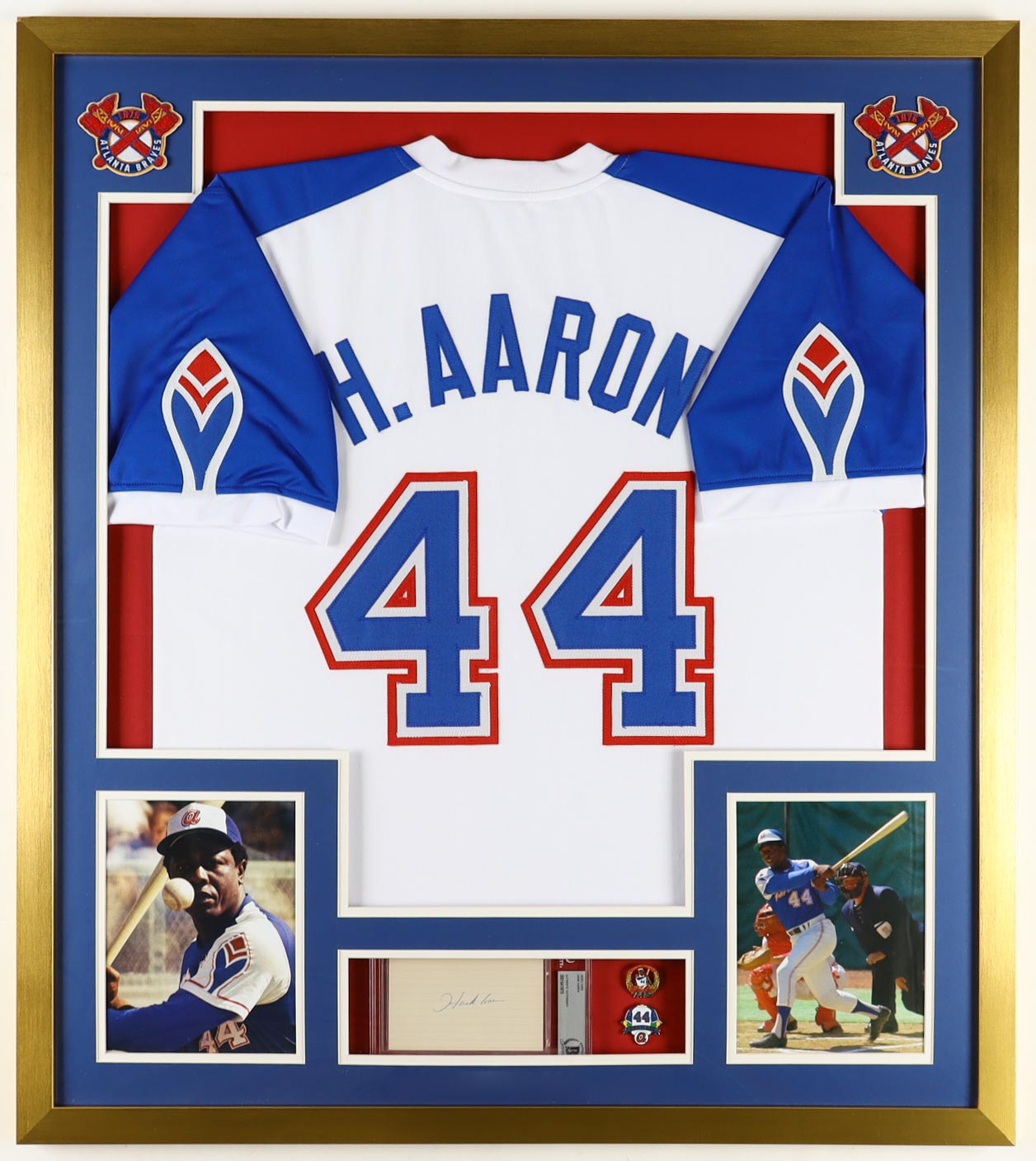 Hank Aaron Signed Custom Framed Index Card Display with Jersey, 715 Home Runs Pin & HOF Induction Pin (BGS) at PristineAuction.com Hank Aaron Signed Custom Framed Index Card Display with Jersey, 715 Home Runs Pin & HOF Induction Pin (BGS) at PristineAuction.com