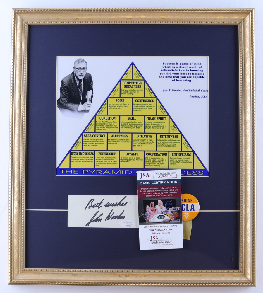 John Wooden Signed "The Pyramid of Success" Custom Framed Cut with UCLA Bruins Vintage Ribbon Pin Inscribed "Best Wishes" (JSA) at PristineAuction.com John Wooden Signed "The Pyramid of Success" Custom Framed Cut with UCLA Bruins Vintage Ribbon Pin Inscribed "Best Wishes" (JSA) at PristineAuction.com