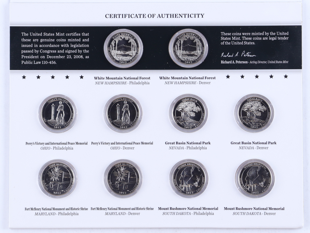 2013 America The Beautiful Uncirculated Quarters Coin Set with (10) Coins at PristineAuction.com 2013 America The Beautiful Uncirculated Quarters Coin Set with (10) Coins at PristineAuction.com