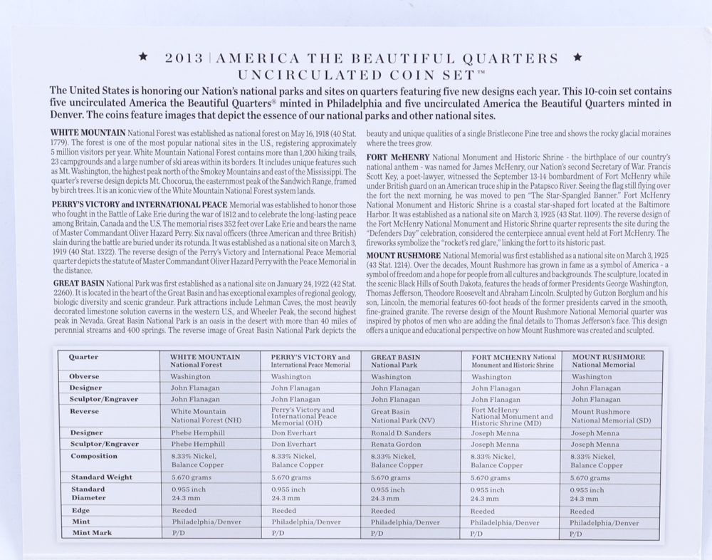 2013 America The Beautiful Uncirculated Quarters Coin Set with (10) Coins at PristineAuction.com 2013 America The Beautiful Uncirculated Quarters Coin Set with (10) Coins at PristineAuction.com