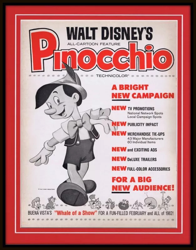 Vintage 1961 Disney Pinocchio Custom Framed Advertisement Display at PristineAuction.com Vintage 1961 Disney Pinocchio Custom Framed Advertisement Display at PristineAuction.com