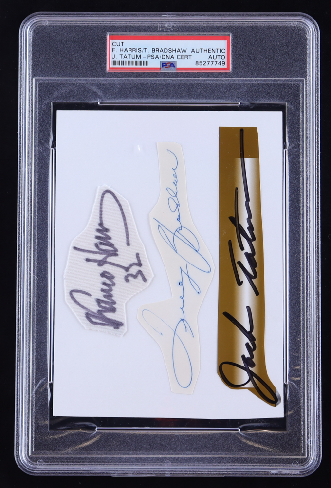 Franco Harris, Terry Bradshaw & Jack Tatum Signed "Immaculate Reception" Cut Collage (PSA) at PristineAuction.com Franco Harris, Terry Bradshaw & Jack Tatum Signed "Immaculate Reception" Cut Collage (PSA) at PristineAuction.com