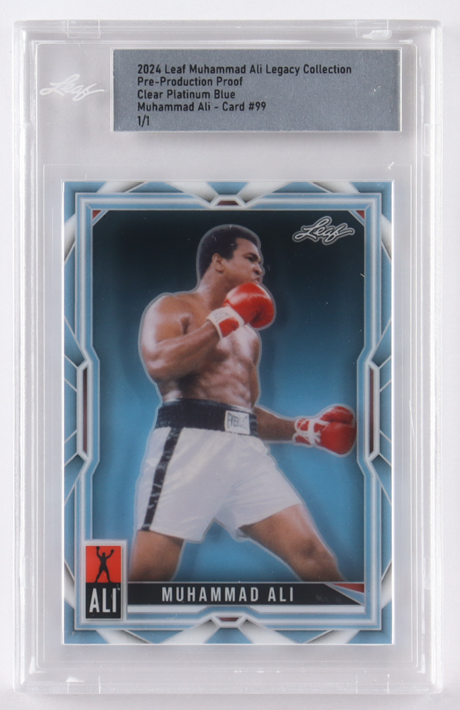 Muhammad Ali 2024 Leaf Muhammad Ali Legacy Collection Pre-Production Proof Clear Platinum Blue #99 #1/1 (Leaf) at PristineAuction.com Muhammad Ali 2024 Leaf Muhammad Ali Legacy Collection Pre-Production Proof Clear Platinum Blue #99 #1/1 (Leaf) at PristineAuction.com