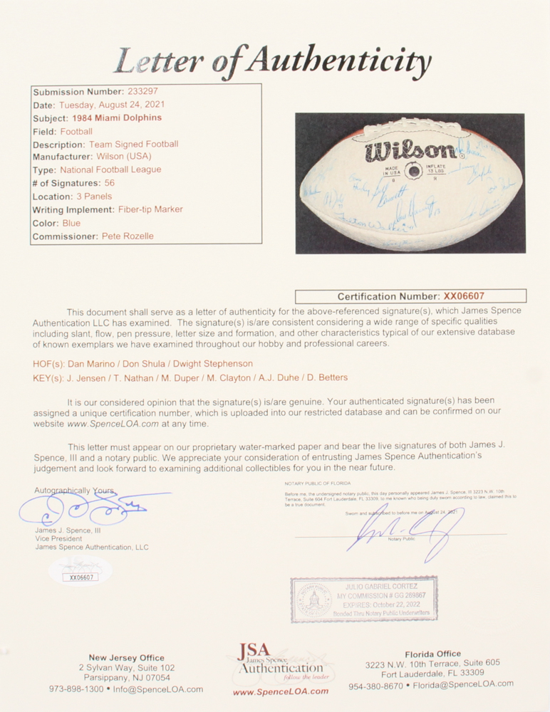 1984 Dolphins NFL Football Team-Signed By (56) with Dan Marino, Don Shula, Dwight Stephenson, Ed Newman In Display Case (JSA) at PristineAuction.com 1984 Dolphins NFL Football Team-Signed By (56) with Dan Marino, Don Shula, Dwight Stephenson, Ed Newman In Display Case (JSA) at PristineAuction.com