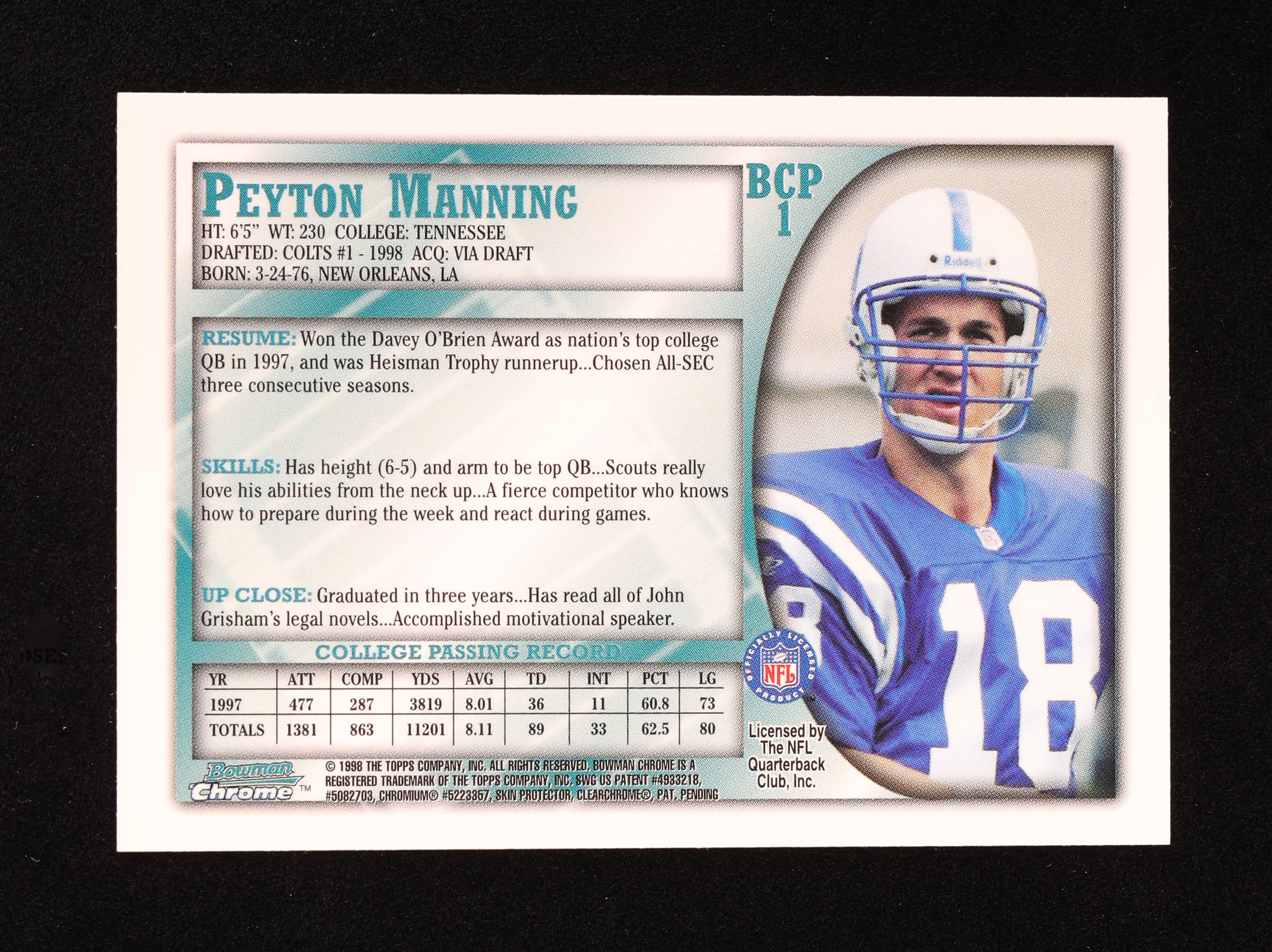 Peyton Manning 1998 Bowman Chrome Preview #BCP1 RC at PristineAuction.com Peyton Manning 1998 Bowman Chrome Preview #BCP1 RC at PristineAuction.com