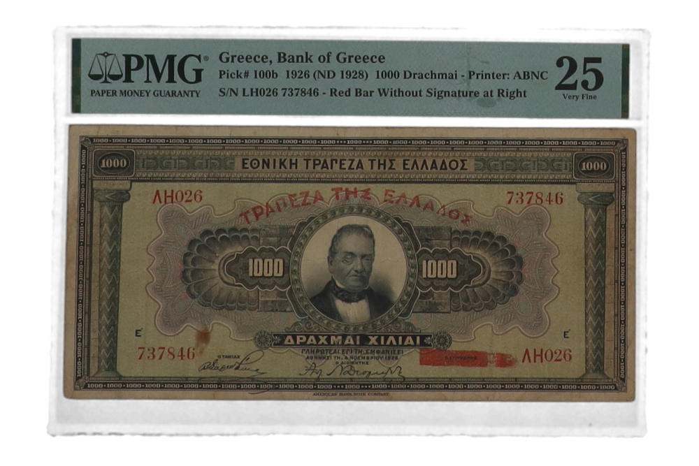 1926 (ND 1928) Greece, Bank of Greece - 1,000 Drachmai Currency Note ...