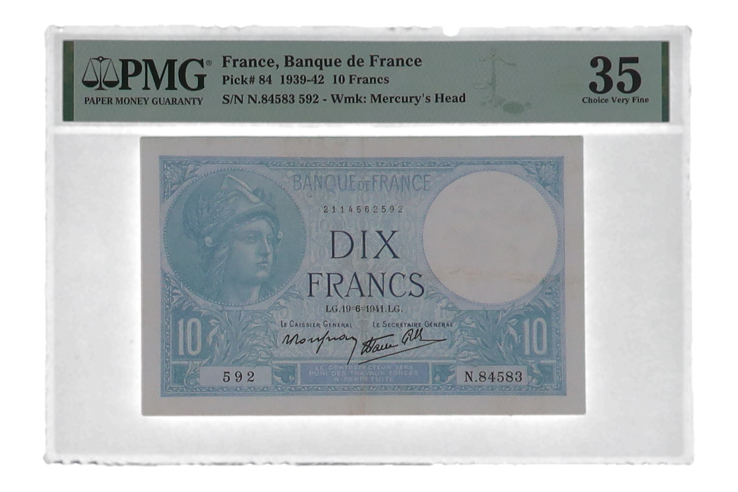 1939-42 France, Banque de France - 10 Francs - Pick# 84 Wmk: Mercury's Head (PMG Choice VF35) at PristineAuction.com 1939-42 France, Banque de France - 10 Francs - Pick# 84 Wmk: Mercury's Head (PMG Choice VF35) at PristineAuction.com