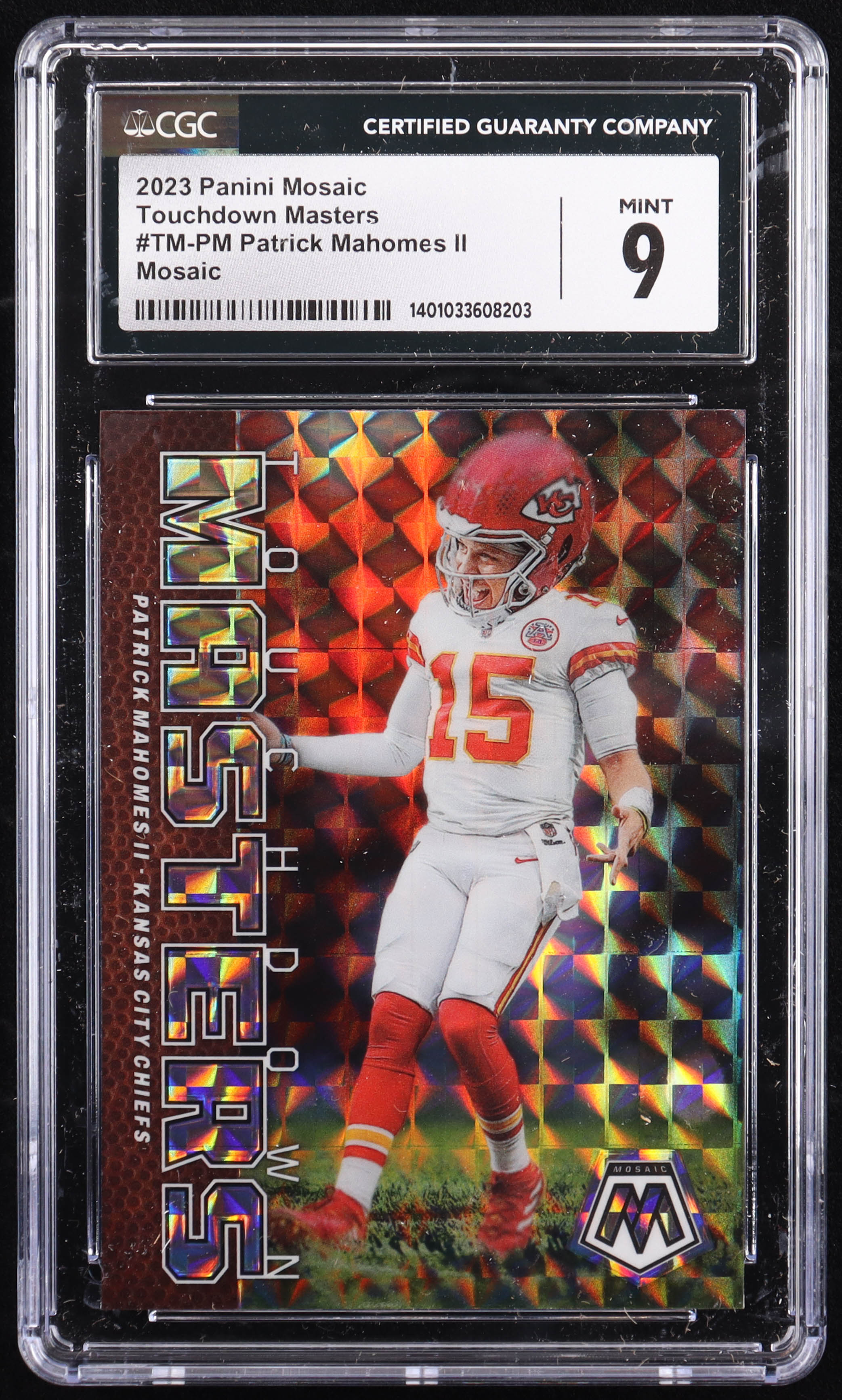 Patrick Mahomes II 2023 Panini Mosaic Touchdown Masters Mosaic #1 (CGC 9) at PristineAuction.com Patrick Mahomes II 2023 Panini Mosaic Touchdown Masters Mosaic #1 (CGC 9) at PristineAuction.com
