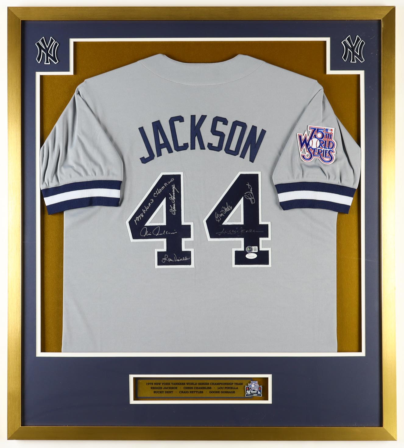 Yankees Custom Framed Reggie Jackson Jersey Display With 1978 75th World Series Pin & (2) Cloth Patches Signed By (6) With Reggie Jackson, Lou Piniella, Goose Gossage, Bucky Dent (JSA & Beckett) at PristineAuction.com Yankees Custom Framed Reggie Jackson Jersey Display With 1978 75th World Series Pin & (2) Cloth Patches Signed By (6) With Reggie Jackson, Lou Piniella, Goose Gossage, Bucky Dent (JSA & Beckett) at PristineAuction.com