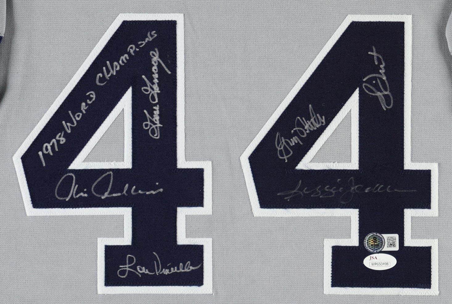 Yankees Custom Framed Reggie Jackson Jersey Display With 1978 75th World Series Pin & (2) Cloth Patches Signed By (6) With Reggie Jackson, Lou Piniella, Goose Gossage, Bucky Dent (JSA & Beckett) at PristineAuction.com Yankees Custom Framed Reggie Jackson Jersey Display With 1978 75th World Series Pin & (2) Cloth Patches Signed By (6) With Reggie Jackson, Lou Piniella, Goose Gossage, Bucky Dent (JSA & Beckett) at PristineAuction.com