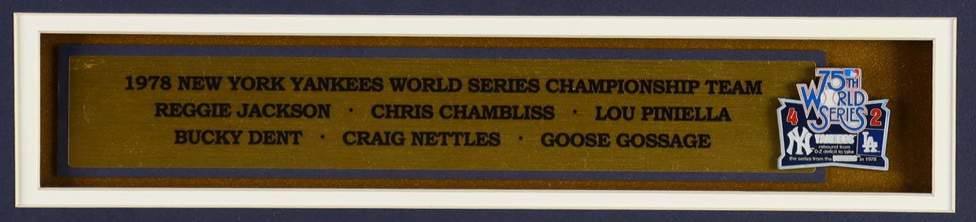 Yankees Custom Framed Reggie Jackson Jersey Display With 1978 75th World Series Pin & (2) Cloth Patches Signed By (6) With Reggie Jackson, Lou Piniella, Goose Gossage, Bucky Dent (JSA & Beckett) at PristineAuction.com Yankees Custom Framed Reggie Jackson Jersey Display With 1978 75th World Series Pin & (2) Cloth Patches Signed By (6) With Reggie Jackson, Lou Piniella, Goose Gossage, Bucky Dent (JSA & Beckett) at PristineAuction.com