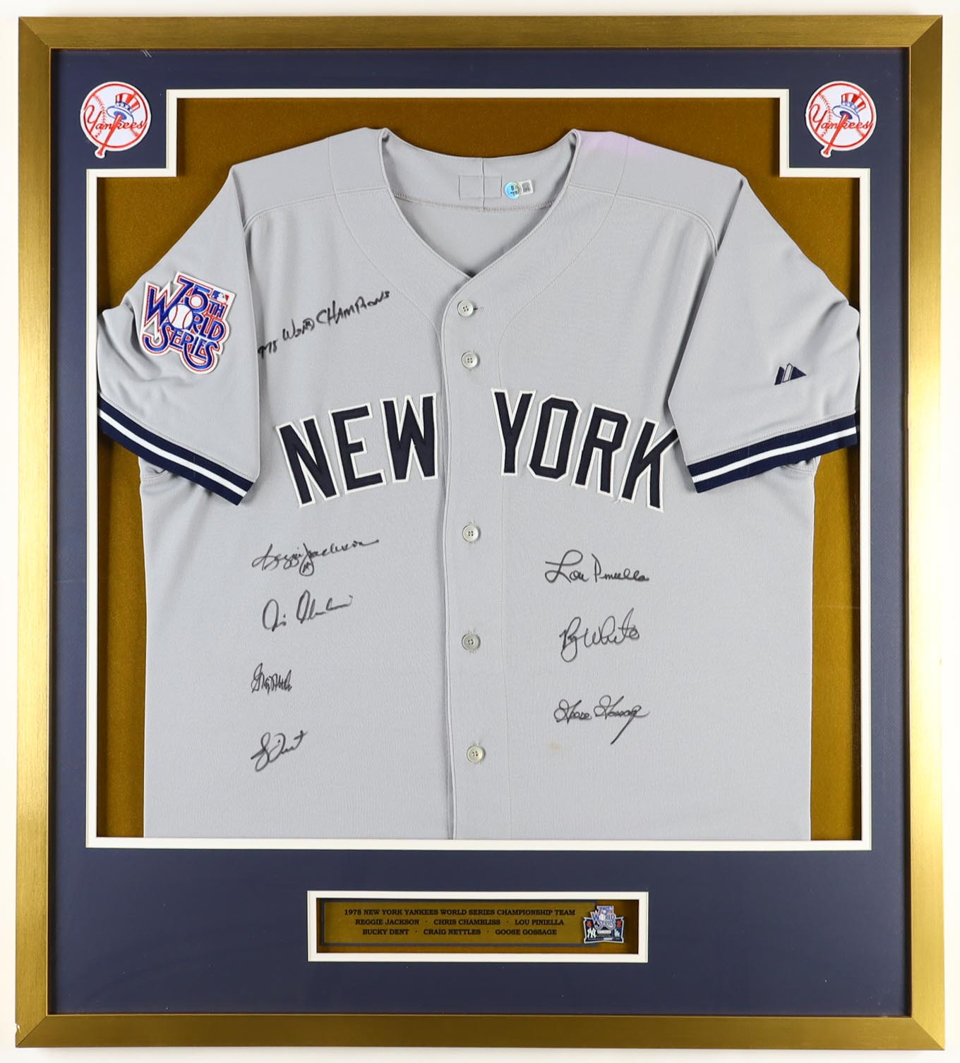 1978 Yankees Custom Framed Jersey Signed By (7) with Reggie Jackson, Goose Gossage, Bucky Dent with Original 1978 Vintage Championship Pin (Beckett) at PristineAuction.com 1978 Yankees Custom Framed Jersey Signed By (7) with Reggie Jackson, Goose Gossage, Bucky Dent with Original 1978 Vintage Championship Pin (Beckett) at PristineAuction.com