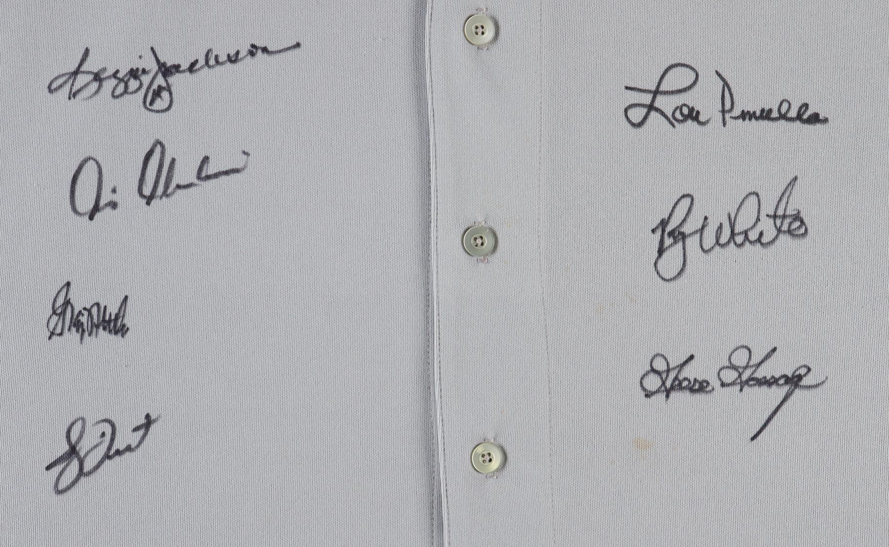 1978 Yankees Custom Framed Jersey Signed By (7) with Reggie Jackson, Goose Gossage, Bucky Dent with Original 1978 Vintage Championship Pin (Beckett) at PristineAuction.com 1978 Yankees Custom Framed Jersey Signed By (7) with Reggie Jackson, Goose Gossage, Bucky Dent with Original 1978 Vintage Championship Pin (Beckett) at PristineAuction.com