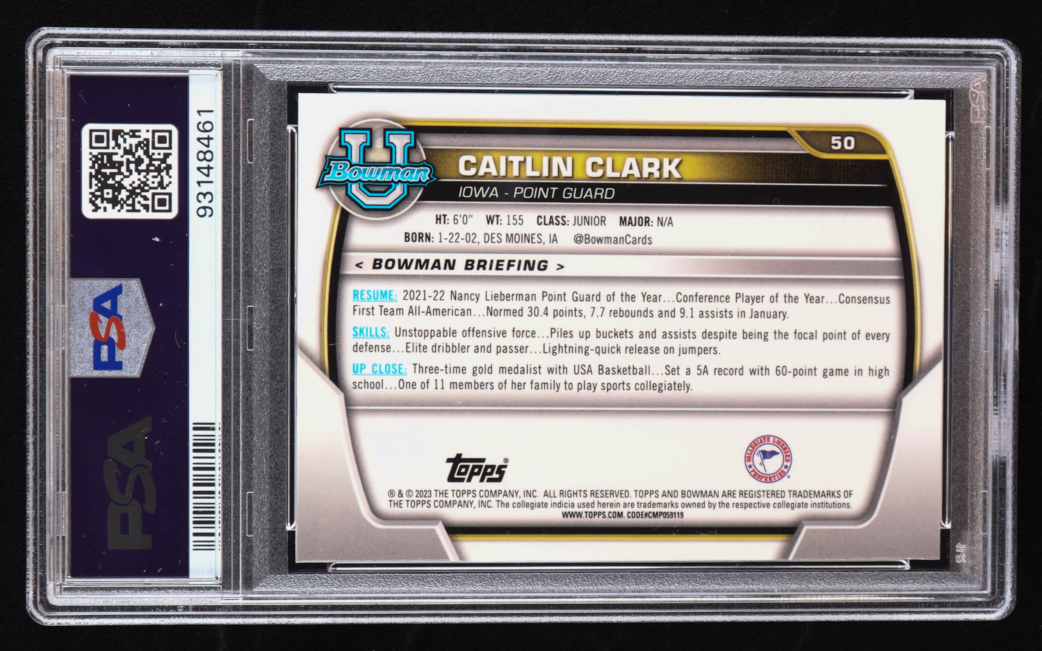 Caitlin Clark 2022-23 Bowman Chrome University #50 RC (PSA 10) at PristineAuction.com Caitlin Clark 2022-23 Bowman Chrome University #50 RC (PSA 10) at PristineAuction.com