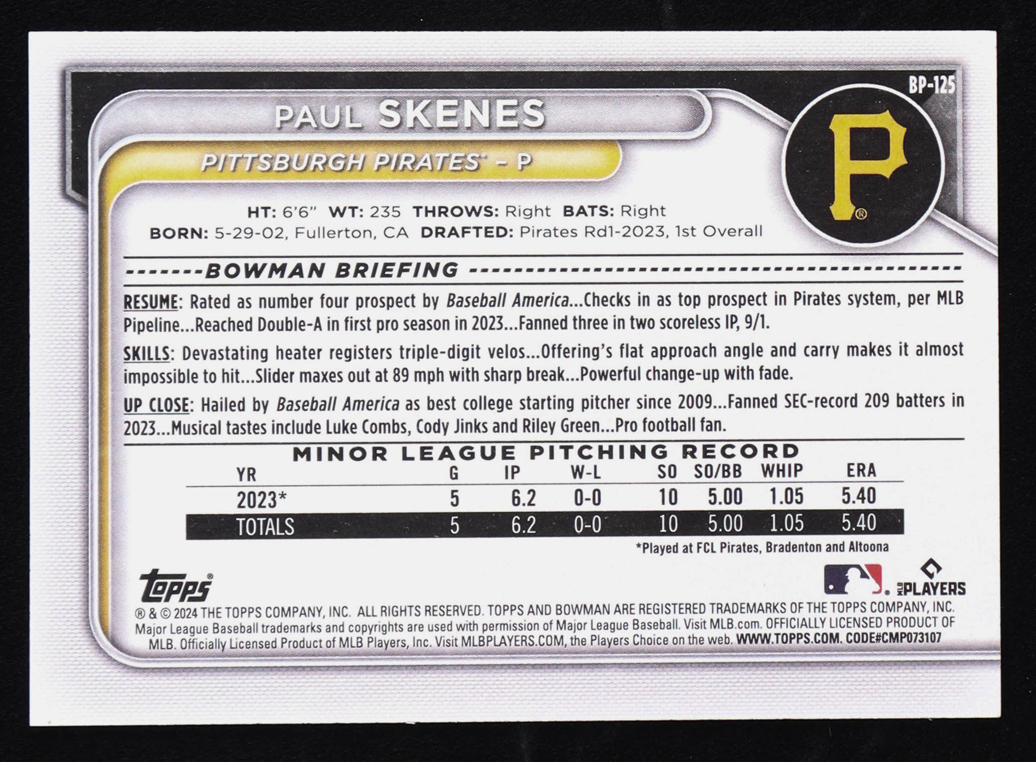 Paul Skenes 2024 Bowman Prospects #BP125 RC at PristineAuction.com Paul Skenes 2024 Bowman Prospects #BP125 RC at PristineAuction.com