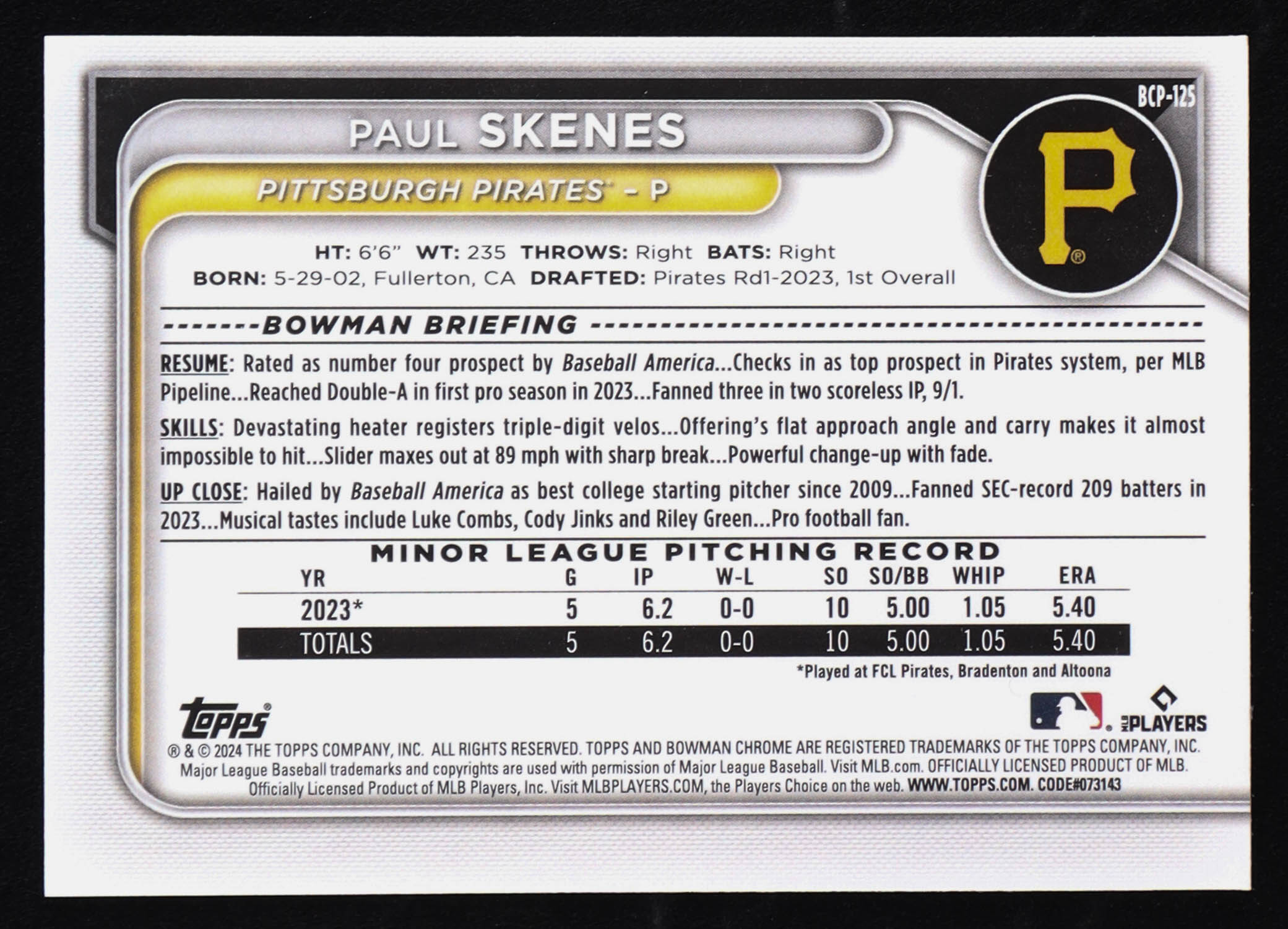 Paul Skenes 2024 Bowman Chrome Prospects #BCP125 RC at PristineAuction.com Paul Skenes 2024 Bowman Chrome Prospects #BCP125 RC at PristineAuction.com