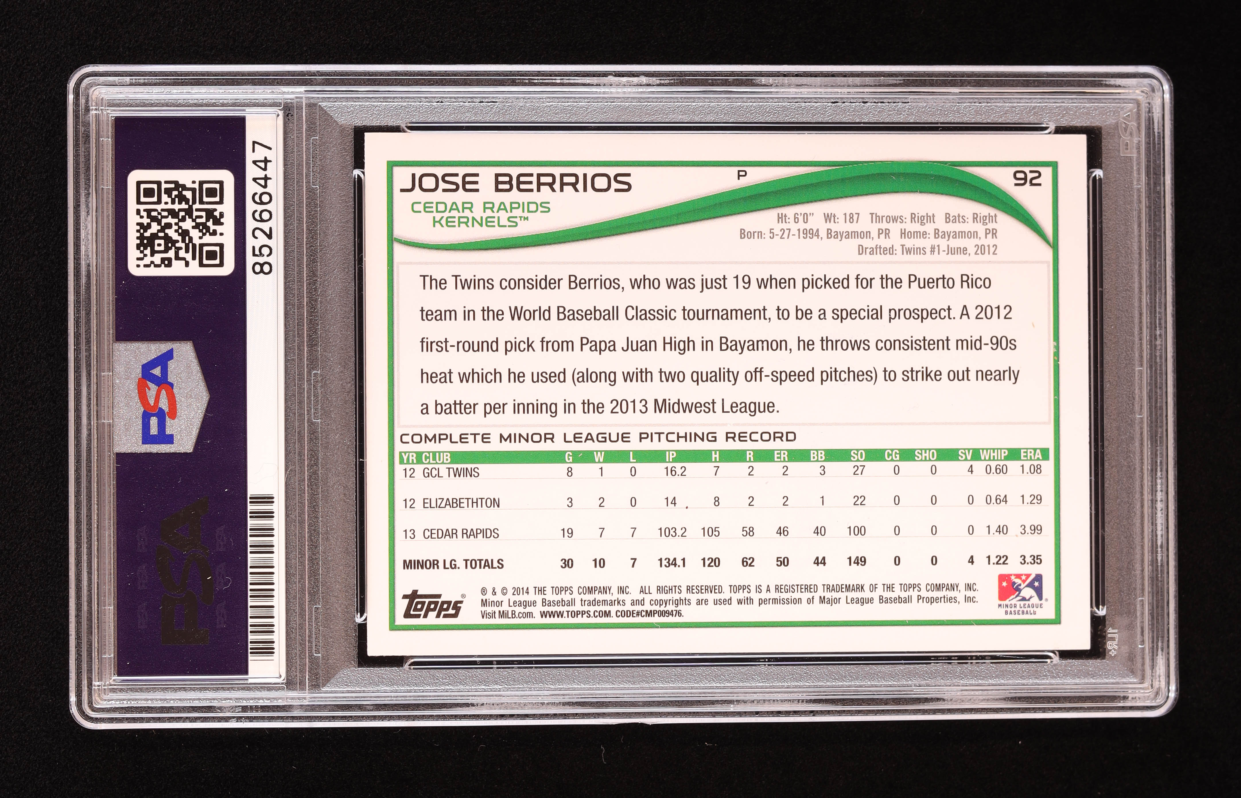 Jose Berrios Signed 2014 Topps Pro Debut #92 RC (PSA) at PristineAuction.com Jose Berrios Signed 2014 Topps Pro Debut #92 RC (PSA) at PristineAuction.com