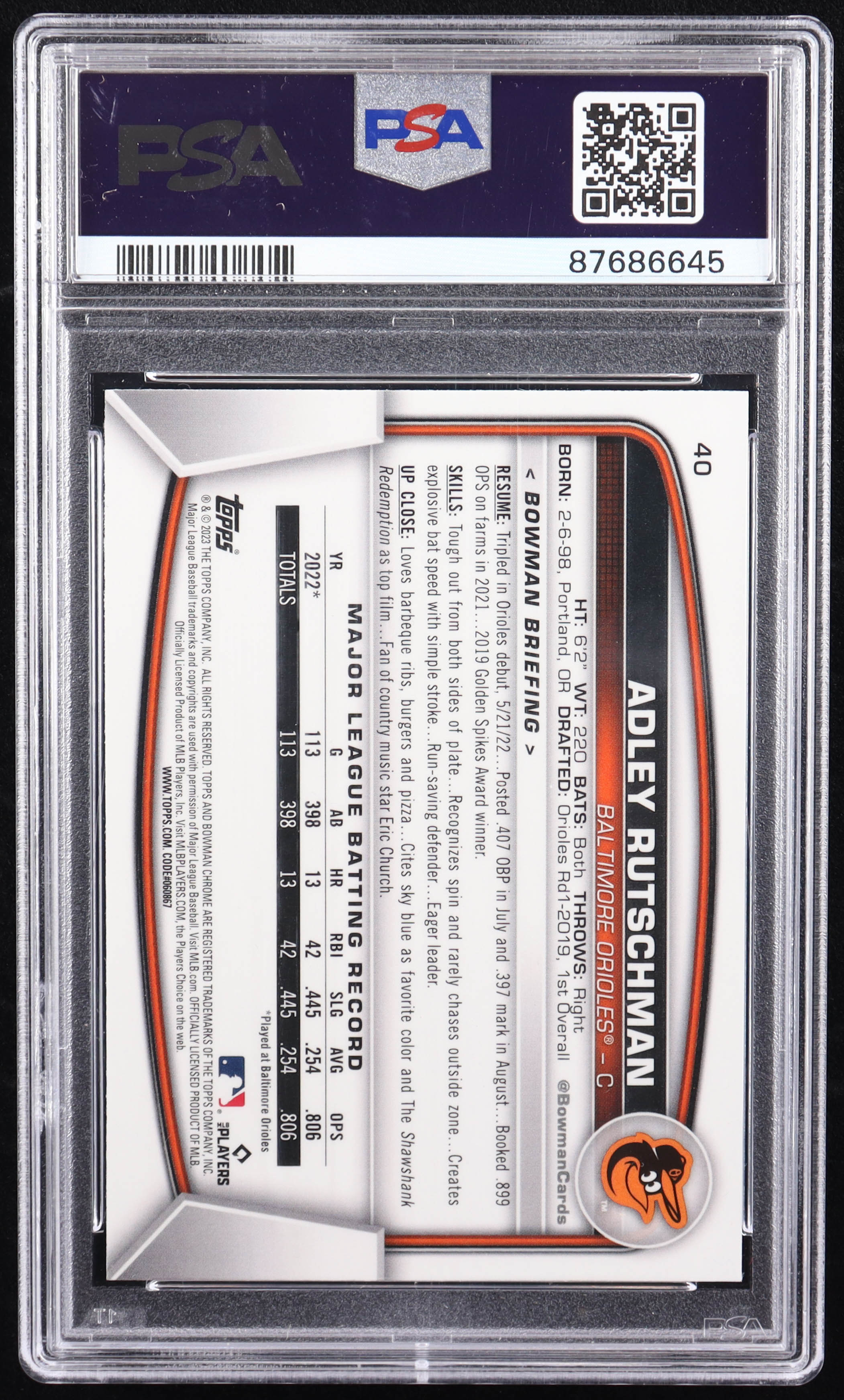 Adley Rutschman 2023 Bowman Chrome Mega Box #40 RC (PSA 10) at PristineAuction.com Adley Rutschman 2023 Bowman Chrome Mega Box #40 RC (PSA 10) at PristineAuction.com
