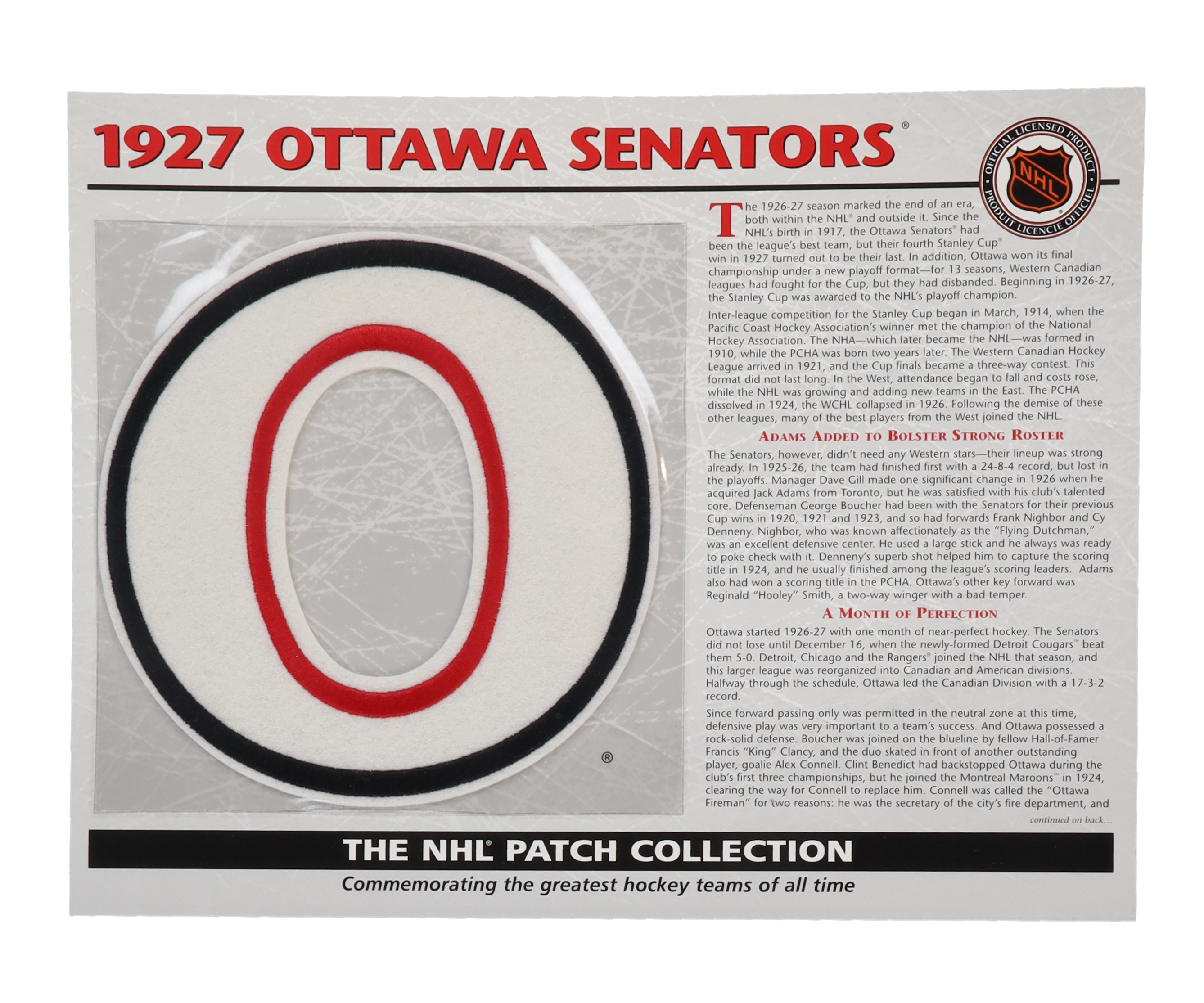 1927 Ottawa Senators NHL Patch Collection 10x13 Commemorative Stat Card at PristineAuction.com 1927 Ottawa Senators NHL Patch Collection 10x13 Commemorative Stat Card at PristineAuction.com