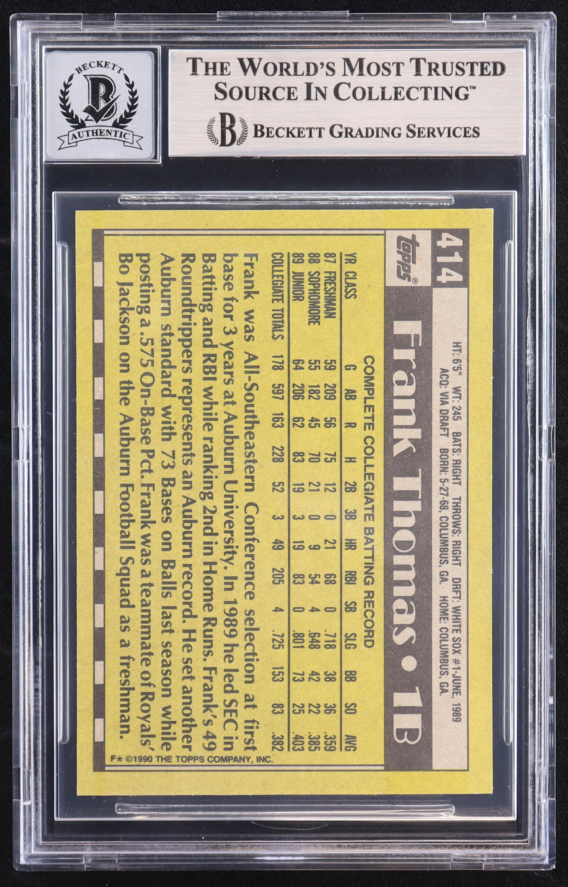 Frank Thomas Signed 1990 Topps #414B RC (BGS | Auto 10) at PristineAuction.com Frank Thomas Signed 1990 Topps #414B RC (BGS | Auto 10) at PristineAuction.com