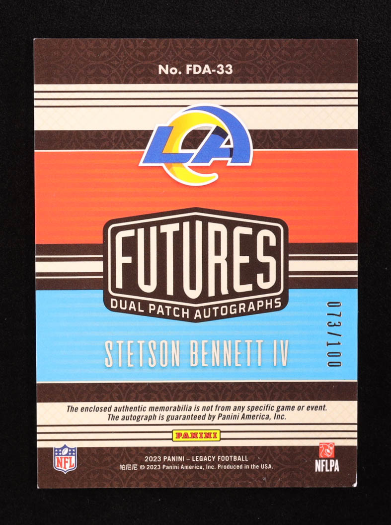 Stetson Bennett IV 2023 Panini Legacy Futures Dual Patch Autographs Ruby #33 RC #073/100 at PristineAuction.com Stetson Bennett IV 2023 Panini Legacy Futures Dual Patch Autographs Ruby #33 RC #073/100 at PristineAuction.com