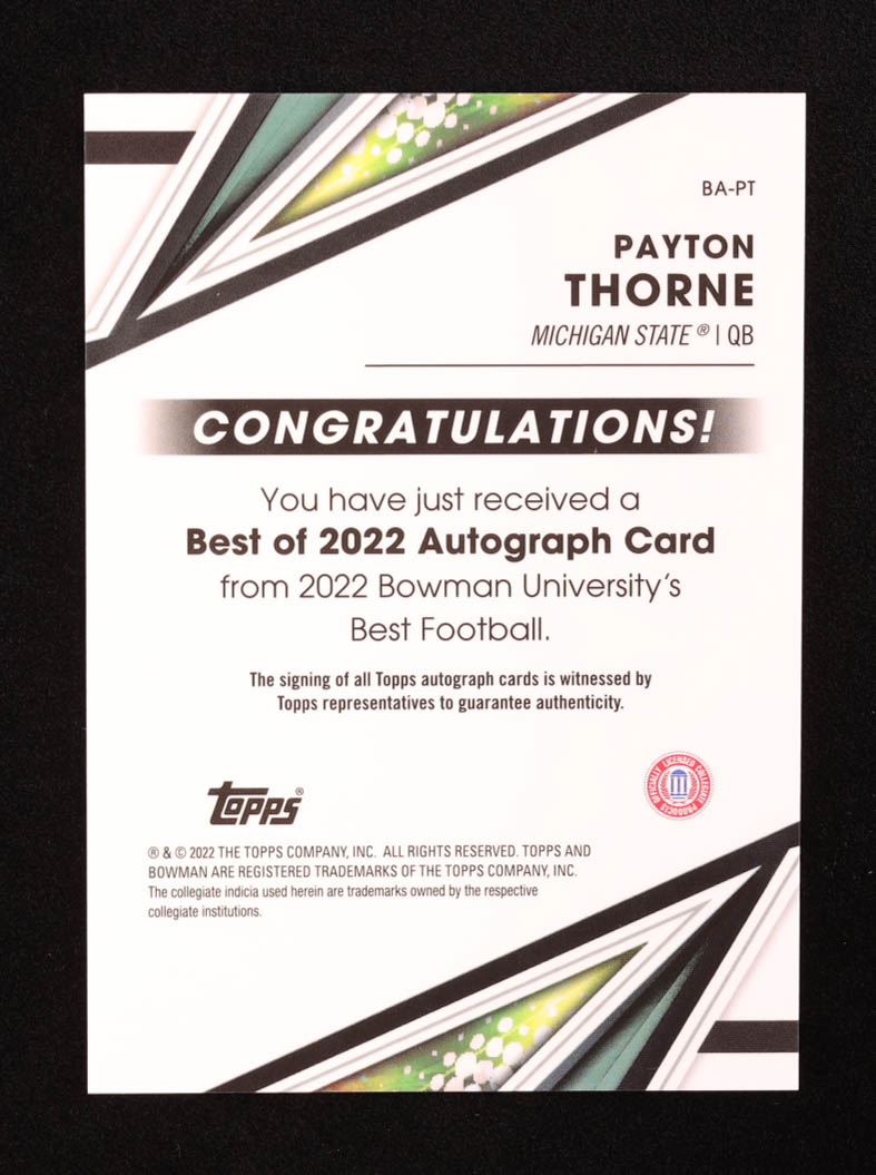 Payton Thorne 2022 Bowman's Best University Best of '22 Autographs #BAPT RC at PristineAuction.com Payton Thorne 2022 Bowman's Best University Best of '22 Autographs #BAPT RC at PristineAuction.com
