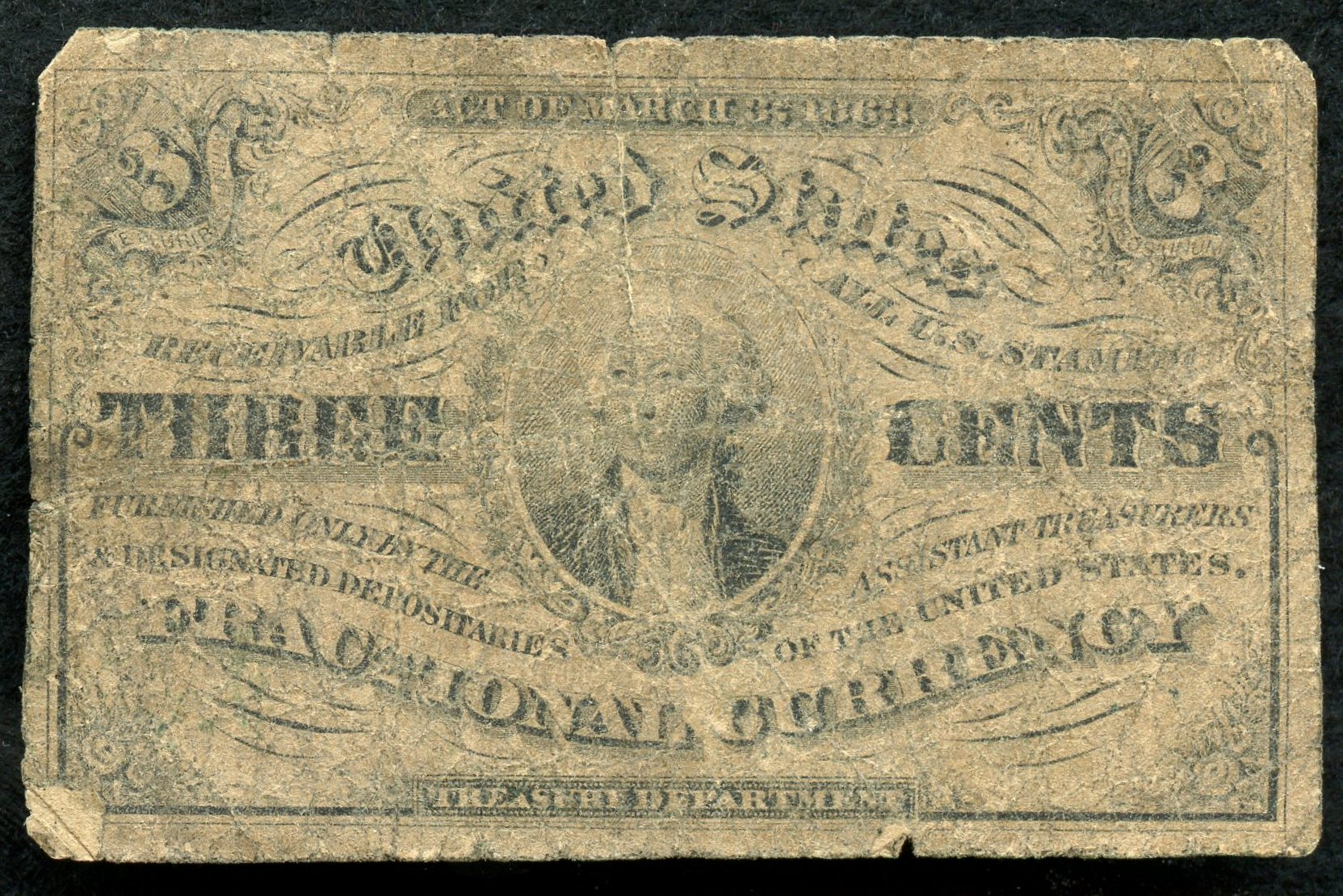 1863 United States Civil War 3 Three Cent Fractional Currency Banknote Bill (3rd Issue) at PristineAuction.com 1863 United States Civil War 3 Three Cent Fractional Currency Banknote Bill (3rd Issue) at PristineAuction.com