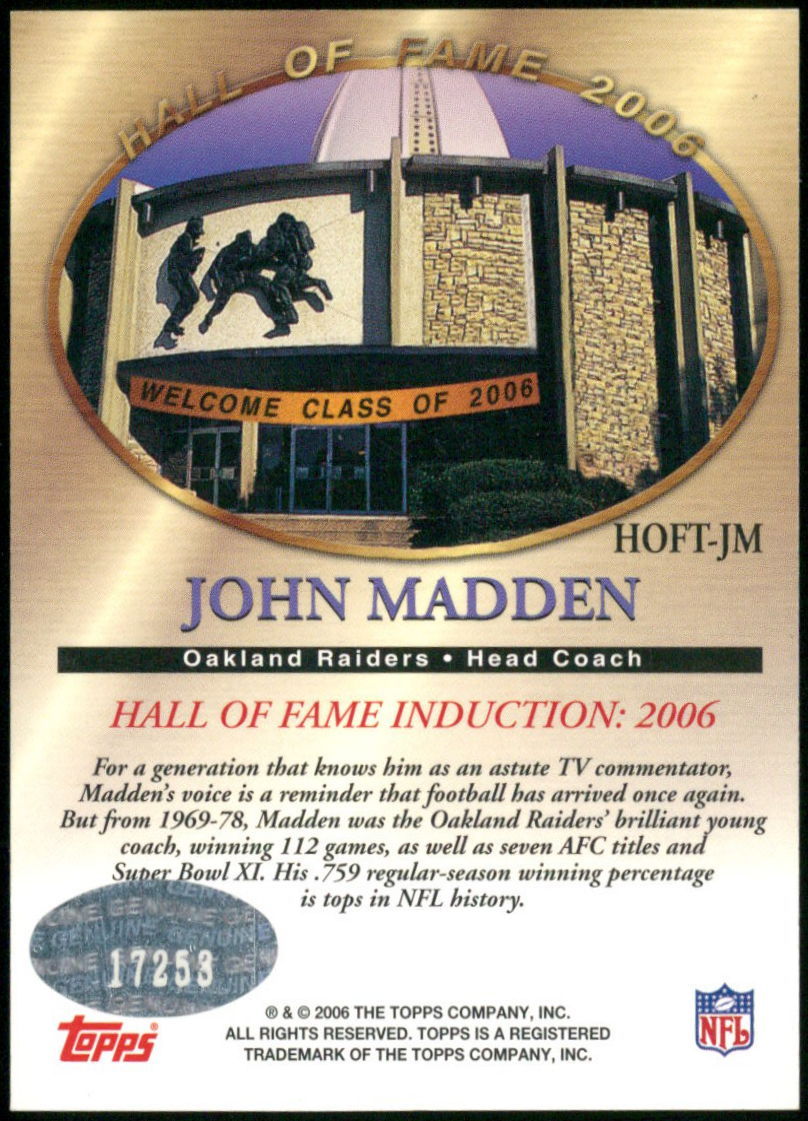 John Madden Signed 2006 Topps Hall of Fame Class of 2006 #HOFJM Football Card (PA LOA) at PristineAuction.com John Madden Signed 2006 Topps Hall of Fame Class of 2006 #HOFJM Football Card (PA LOA) at PristineAuction.com