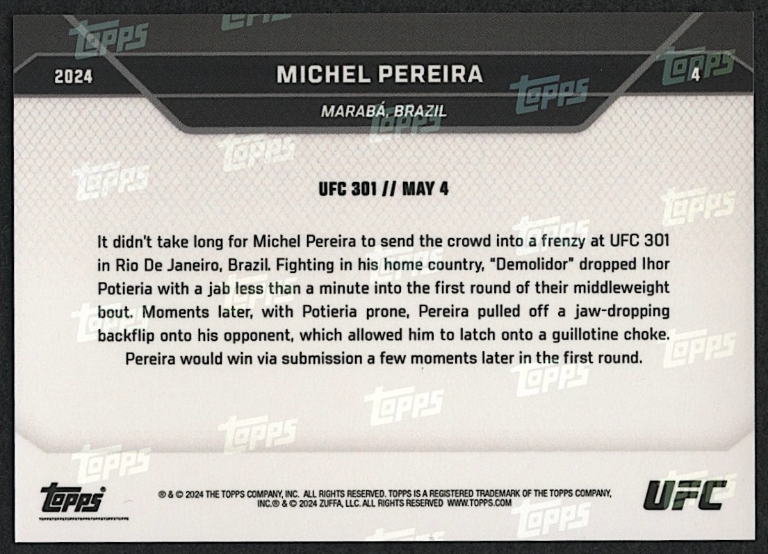 Michel Pereira 2024 Topps Now #4 | UFC 301 Viral Backflip | Purple #24/25 at PristineAuction.com Michel Pereira 2024 Topps Now #4 | UFC 301 Viral Backflip | Purple #24/25 at PristineAuction.com