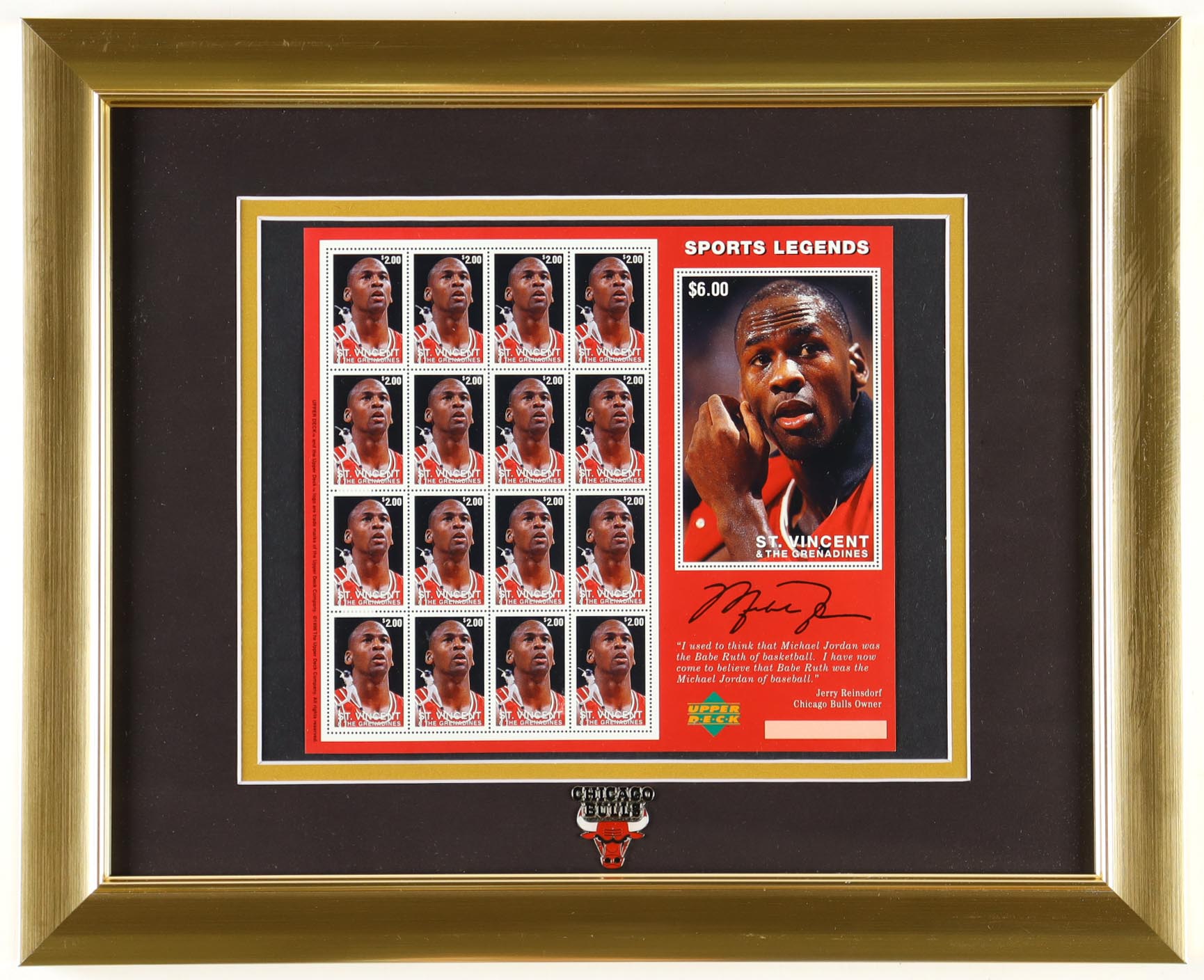 Michael Jordan Bulls Custom Framed Full Uncut Postage Stamp Sheet with Bulls Pin at PristineAuction.com Michael Jordan Bulls Custom Framed Full Uncut Postage Stamp Sheet with Bulls Pin at PristineAuction.com