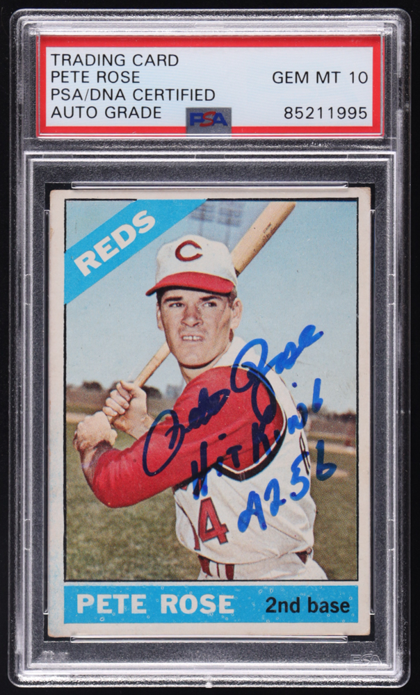Pete Rose Signed 1966 Topps #30 DP Inscribed "Hit King" & "4256" (PSA | Autograph Grade 10) at PristineAuction.com Pete Rose Signed 1966 Topps #30 DP Inscribed "Hit King" & "4256" (PSA | Autograph Grade 10) at PristineAuction.com